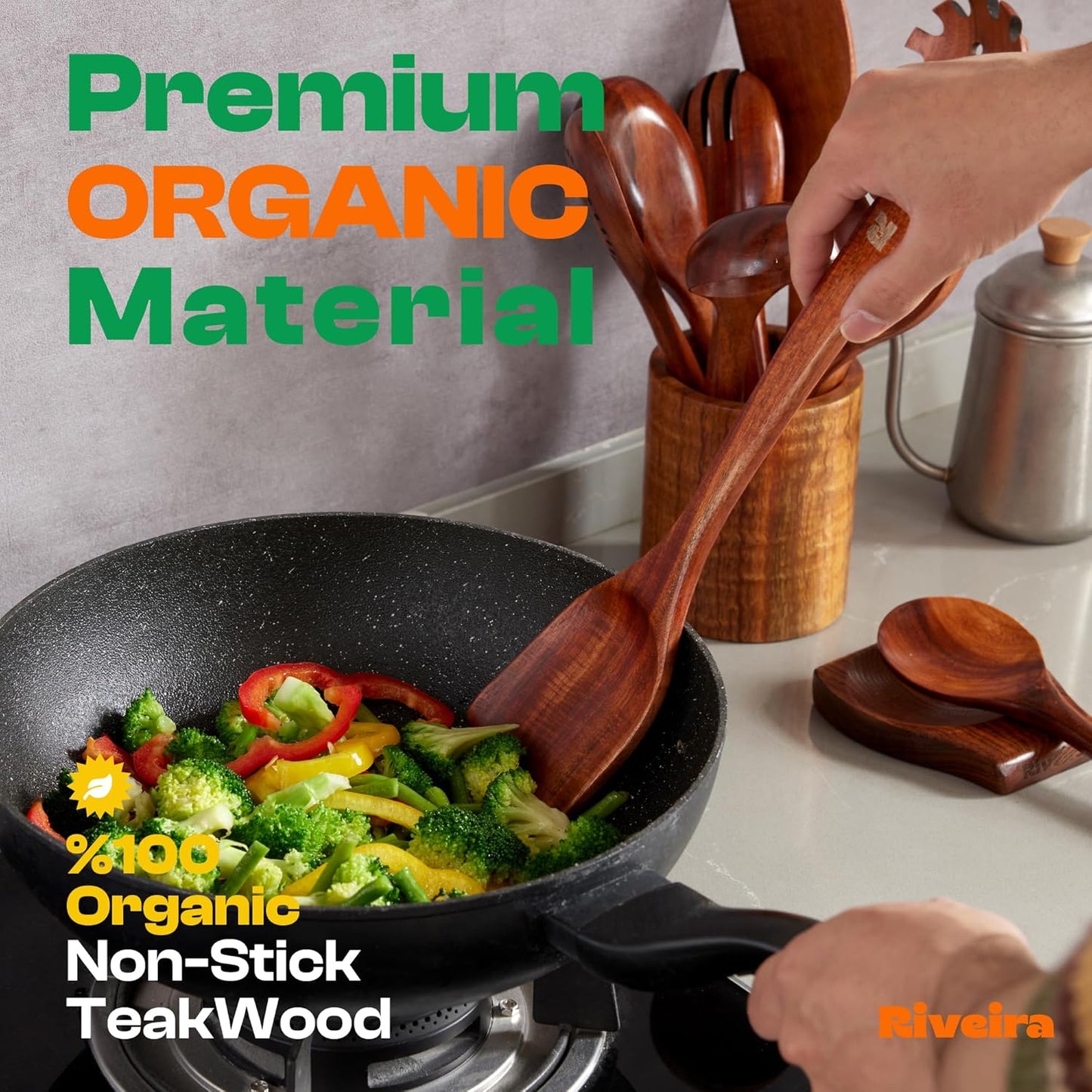 Riveira's 9-Piece Dark Brown Kitchen Essentials Wooden Cooking Utensils Set - Complete Kitchen Utensils Set for Gourmet Results