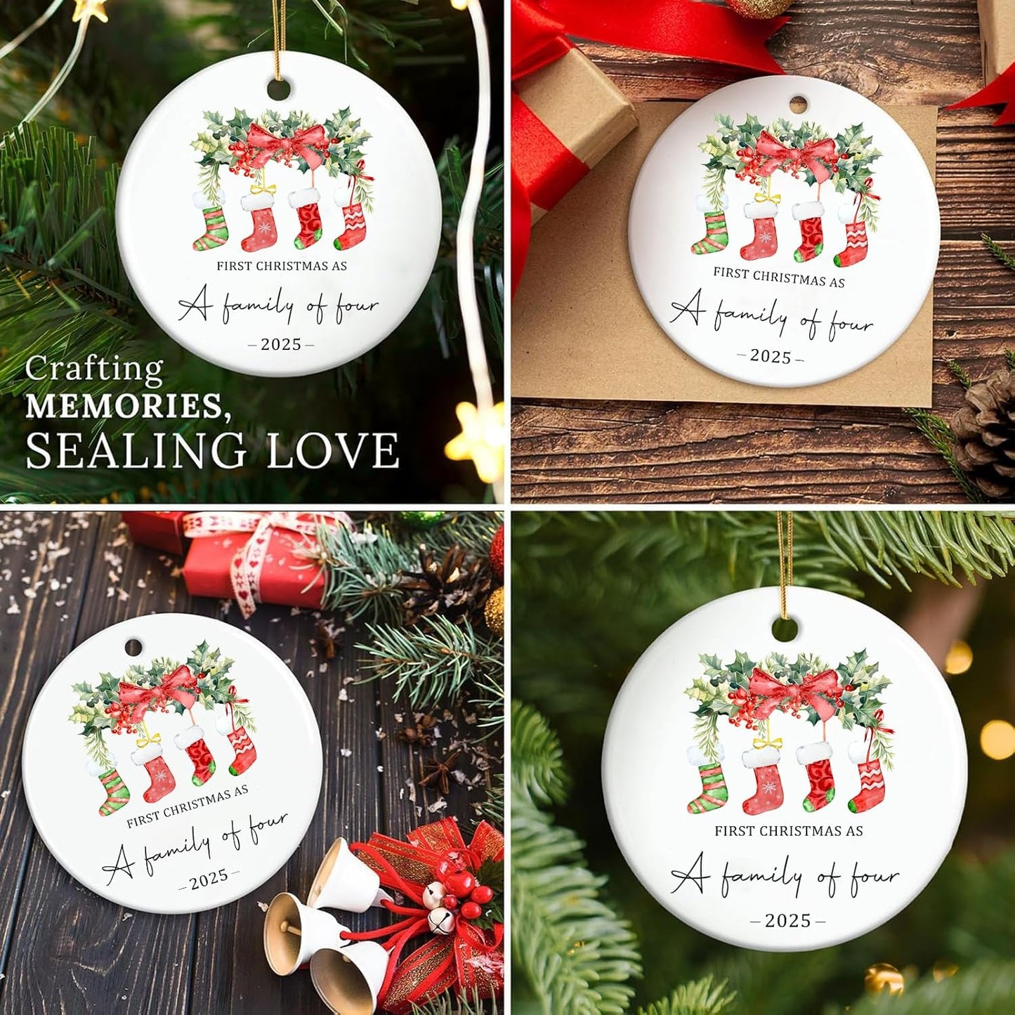 Christmas Ornaments, 3 Inch Ceramic Our First Christmas As a Family of Four 2025 Ornament Personalized New Parents Gifts for Couples Baby First Xmas Hanging Decor for Family of Four
