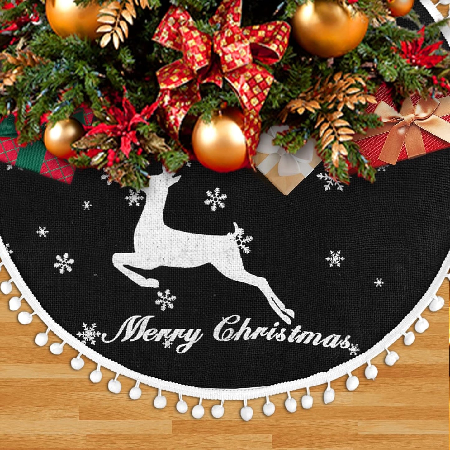 48 Inch Christmas Tree Skirt, Burlap Black Christmas Rustic Tree Skirt with Elk Deer and White Snowflake Printed for Holiday Party Xmas Tree Decoration