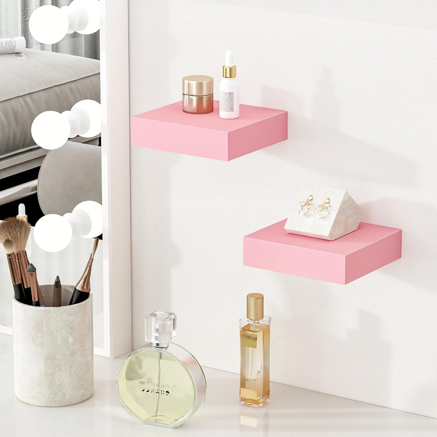 BAMEOS Pink Floating Shelves for Wall, 6" x 6" Wall Shelves for Room, Floating Book Shelves, Hanging Shelves for Bedroom, Bedroom, Living Room, Kitchen (Set of 2)