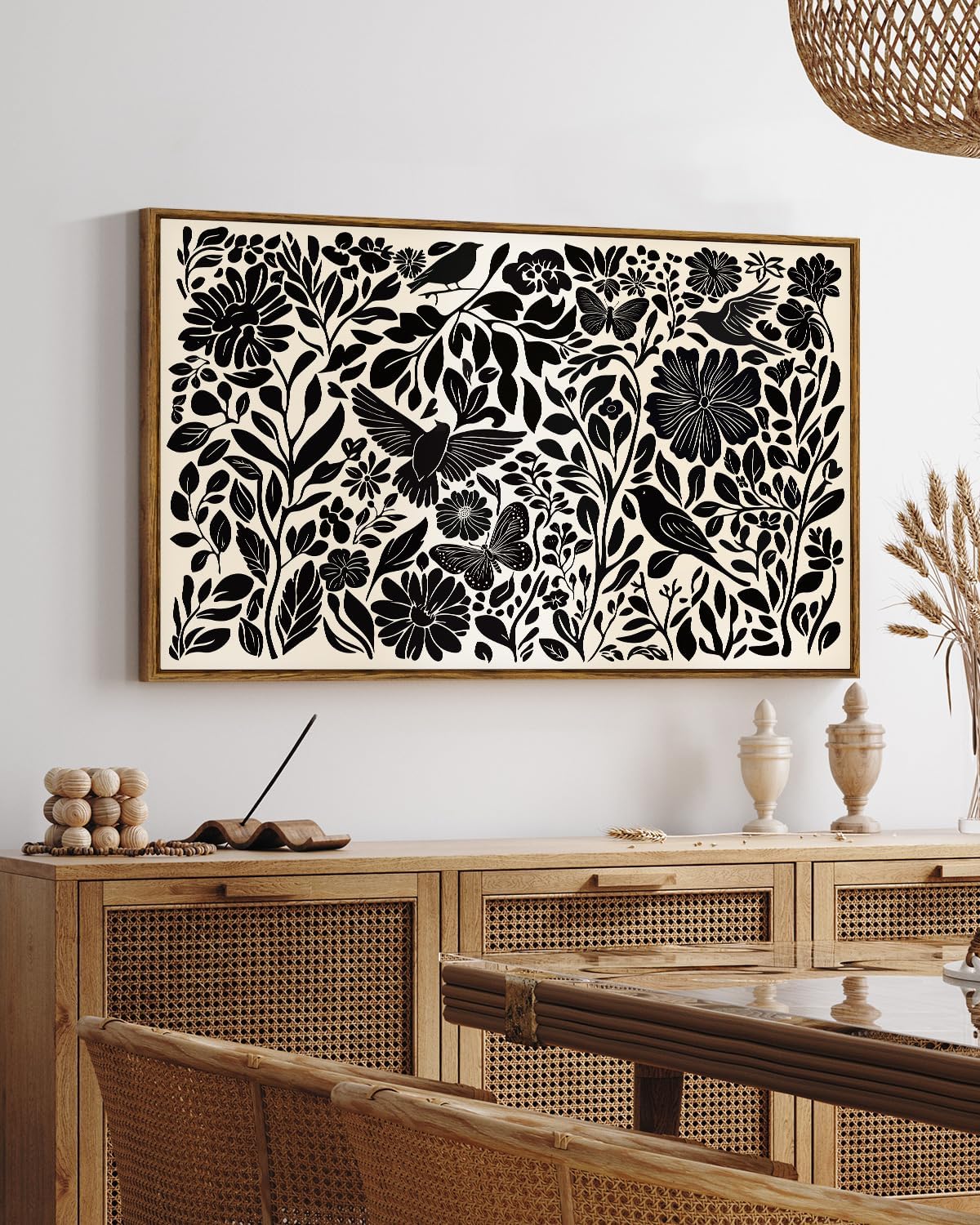 VIYYIEA Framed Canvas Wall Art, Black and White Large Wall Art for Living Room, Print Paintings, Boho Home Office Decor, Bedroom Wall Decor -【Flowers & Birds】-(24"x36")