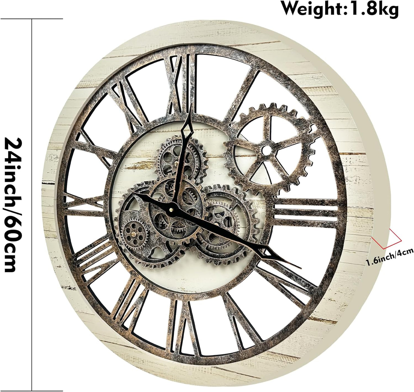 The B-Style Large Wall Clock 24 inch Moving Gear Wall Clock Oversized Vintage Farmhouse Wall Clocks for Living Room Decor Rustic Industrial Wood Clock (Desert Beige, 24 inch/60cm)
