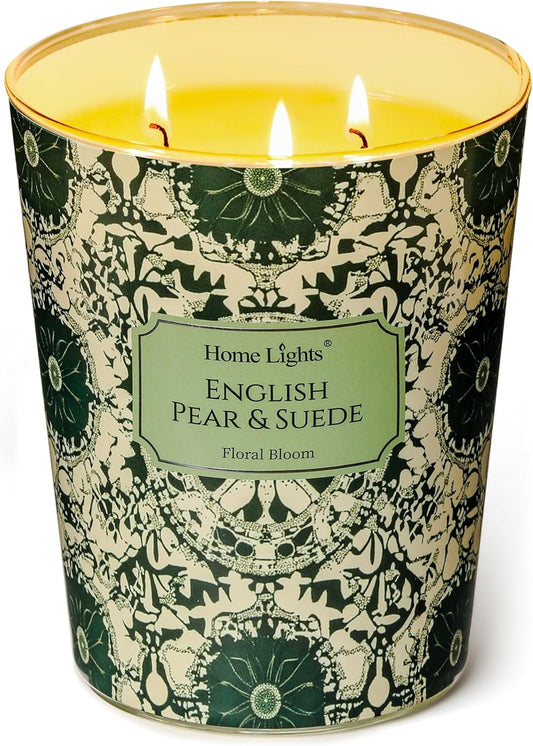 HomeLights Soy Wax Candles for Home Scented, 3-Wick Candles in English Pear & Suede Scented, Bohemian Natural Textures Aromatherapy Candles Gift for Parties, Relaxing, 34oz