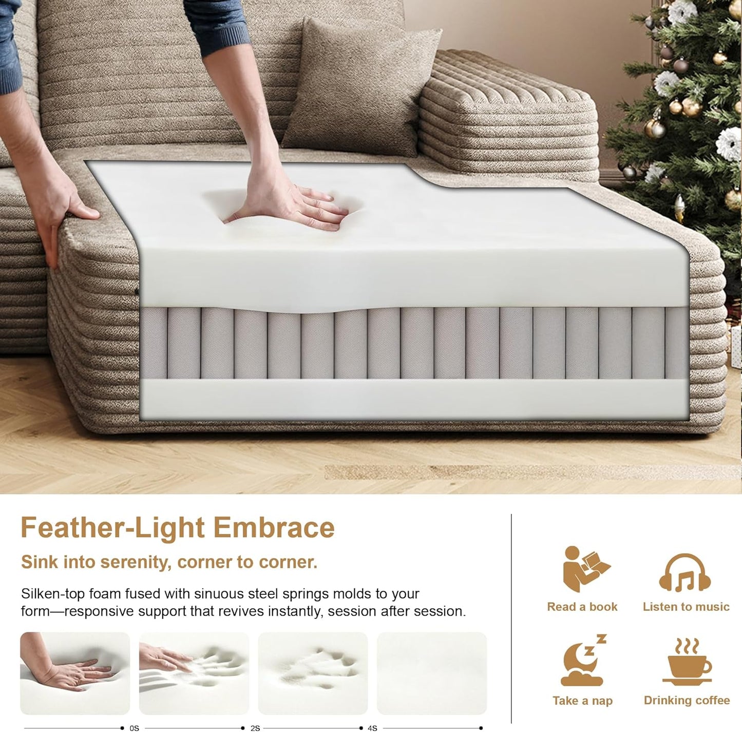 136" Sectional Couches for Living Room Modern Modular Sofa with L-Shape Couchs Upholstered Boneless Couch Deep Seat Sectional Couch with Chaise (Camel, Right Facing Chaise+3Seaters)