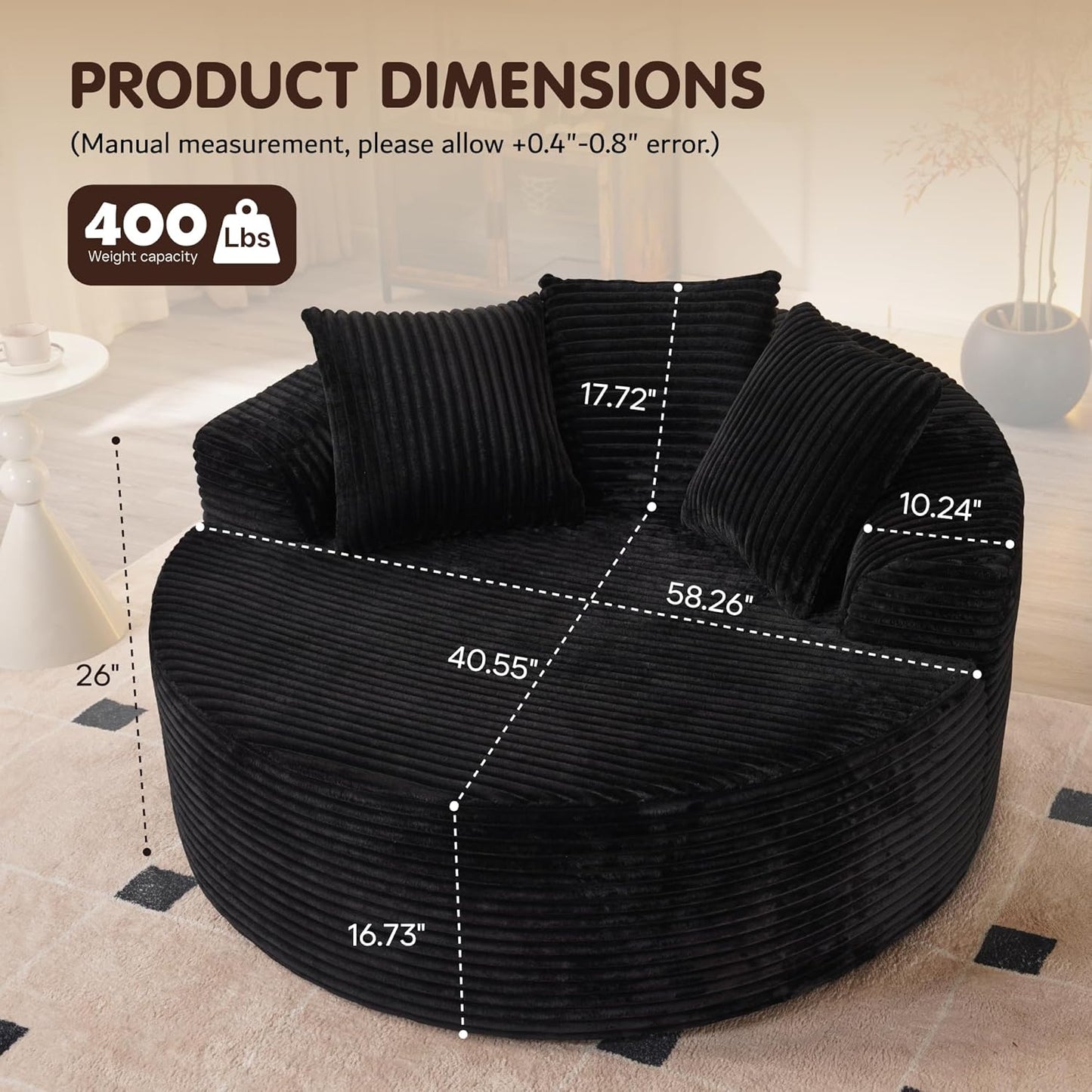 ovios 58" Oversized Round Chair Lounge Chaise Indoor, No Assembly Required, Cloud Large Circle Chair with Plush Fuax Fur, Fluffy Modern Sleeper Sofa Bed for Reading Yoga, Black (Plush Corduroy Fabric)