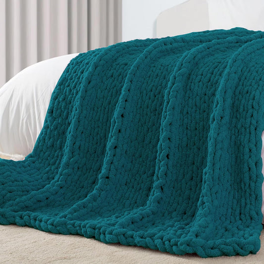 Carriediosa Chunky Knit Throw Blanket 50" X 60", 100% Hand Made Large Chenille Loop Yarn Soft Fluffy Throws for Couch Sofa Bed, Big Crochet Cozy Heavy Thick Cable Woven Blankets, Teal