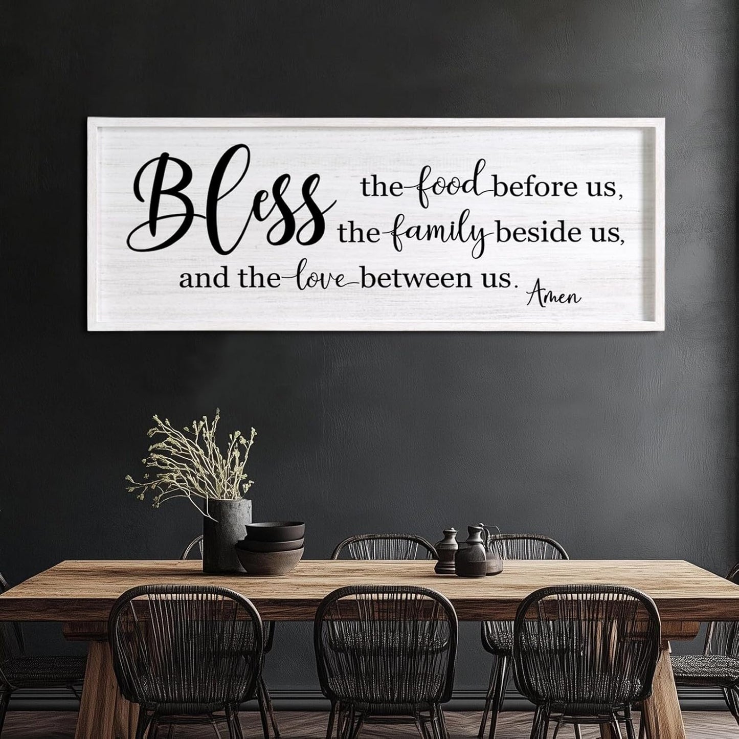 Bless the Food Before Us, the Family Beside Us, and the Love between us Framed Wall Art for Dining Room, 40''×15'' Holy Positive Religious Rustic Bible Verse for Christian God Jesus Christ Prayer