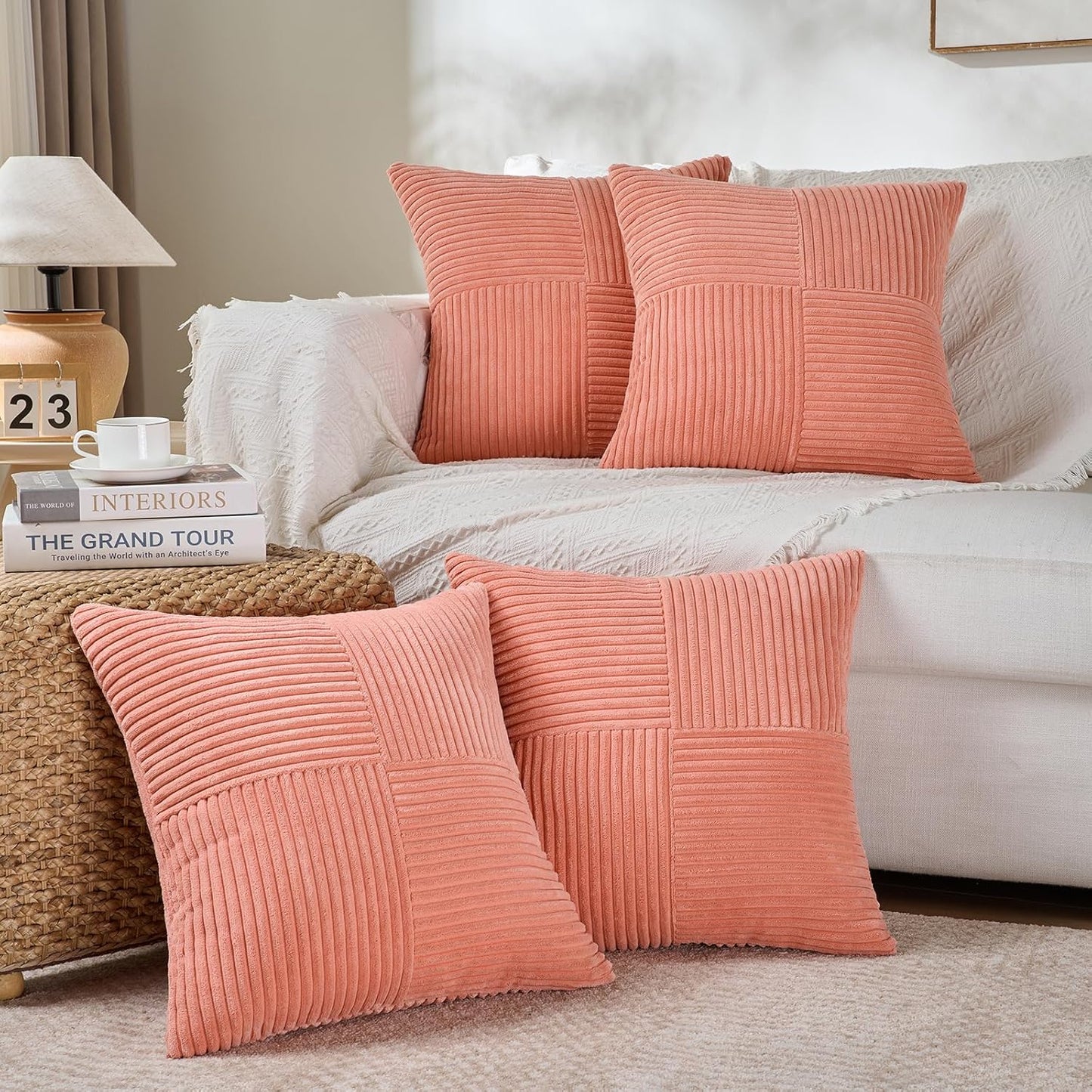 Fancy Homi 2 Packs Coral Samll Decorative Throw Pillow Covers 14x14 Inch with for Couch Bed Sofa, Rustic Farmhouse Boho Home Decor, Soft Corss Patchwork Corduroy Square Peach Cushion Case 35x35 cm