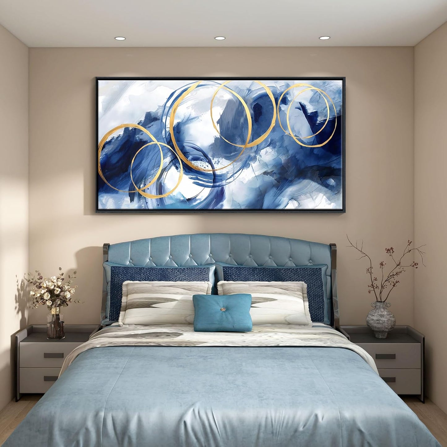 AJAZIKO Large Framed Canvas Wall Art Blue Abstract Wall Art Pictures for Living Room Bedroom Kitchen Office Decor 29x58 In Navy Gold Modern Paintings