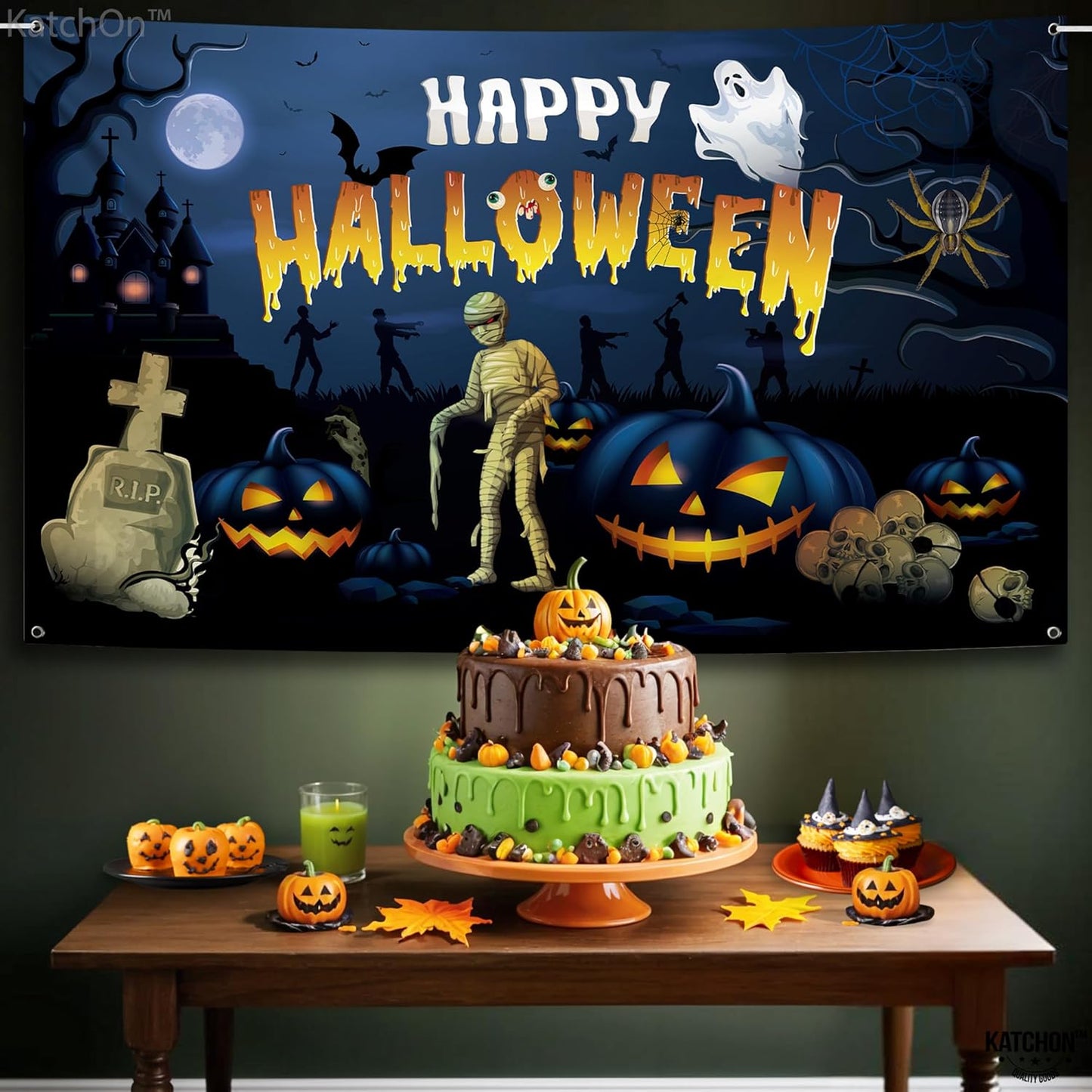 KatchOn Spooky Happy Halloween Banner - XtraLarge, 72x44 Inch | Pumpkin Backdrop for Parties, Party Decorations | Blue Photo Backdrop, Skull Decorations Indoor
