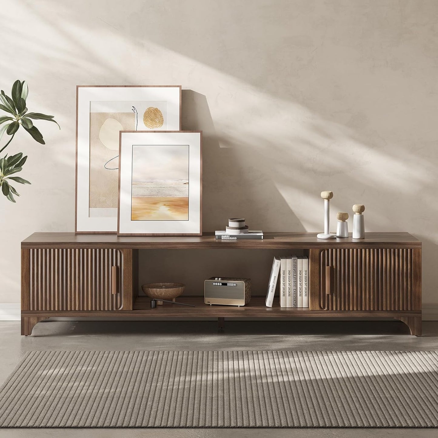 Mid Century Modern TV Stand for 55/65 Inches Television Console with Fluted Doors and Storage Entertainment Center for Living Room and Bedroom Dark Brown