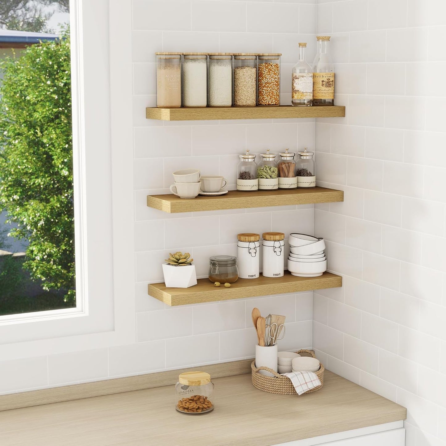 Fun Memories Floating Shelves Wall Shelf 24 inches Long, Farmhouse Bathroom Shelves Bedroom Kitchen Living Room Shelf Wall Mounted, 24 x 6.7 x 1.4 inch Set of 3, Oak Color