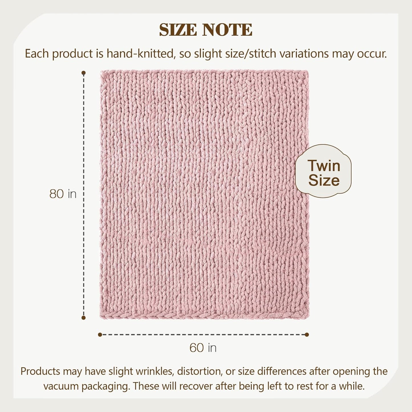 Carriediosa Chunky Knit Throw Blanket 60" X 80" Twin, 100% Hand Made Large Chenille Loop Yarn Soft Fluffy Throws for Couch Sofa Bed, Big Crochet Cozy Heavy Thick Cable Woven Blankets, Dusty Pink