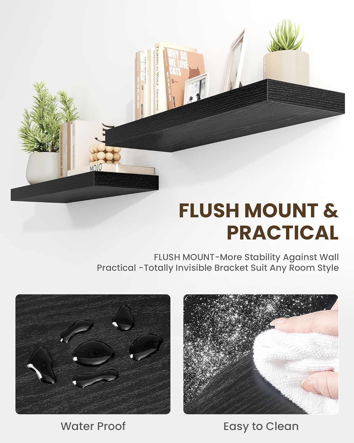 Marsmiles 39" Floating Shelves for Wall, Wooden Shelves with Invisible Brackets Set of 2, Rustic Farmhouse Wall Mounted Shelf for Kitchen Bathroom Living Room Study, Black