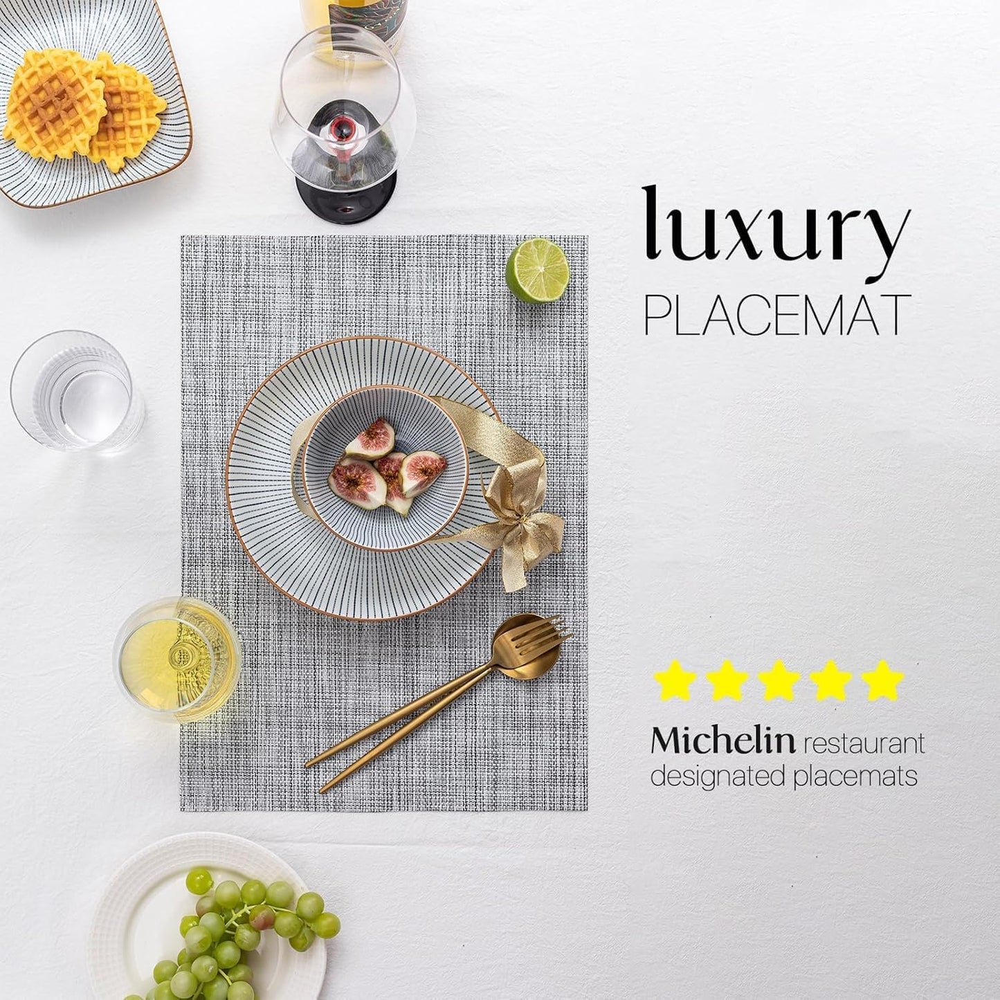 LEXMORE Placemats Set of 6 Vinyl/Plastic Woven Place Mats for Kitchen Table Indoor/Outdoor Washable Placemat Wipeable Dining Table Mats(A-Gray)