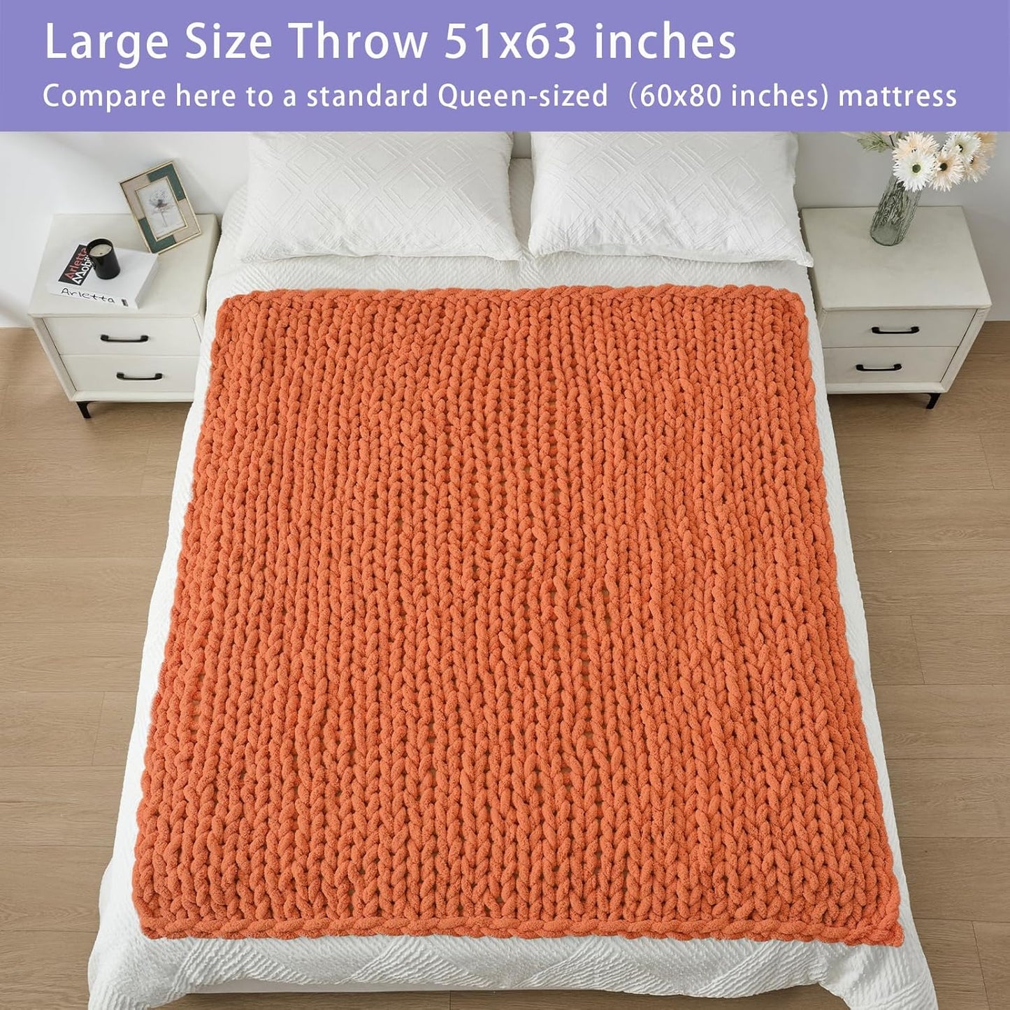 Bigacogo Chunky Knit Throw Blanket for Couch, 51x63 inches, 100% Hand Knitted with Thick Jumbo Chenille Yarn, Cozy Soft Large Rope Knot Cable Crochet Blankets for Sofa Bed Living Room, Terracotta