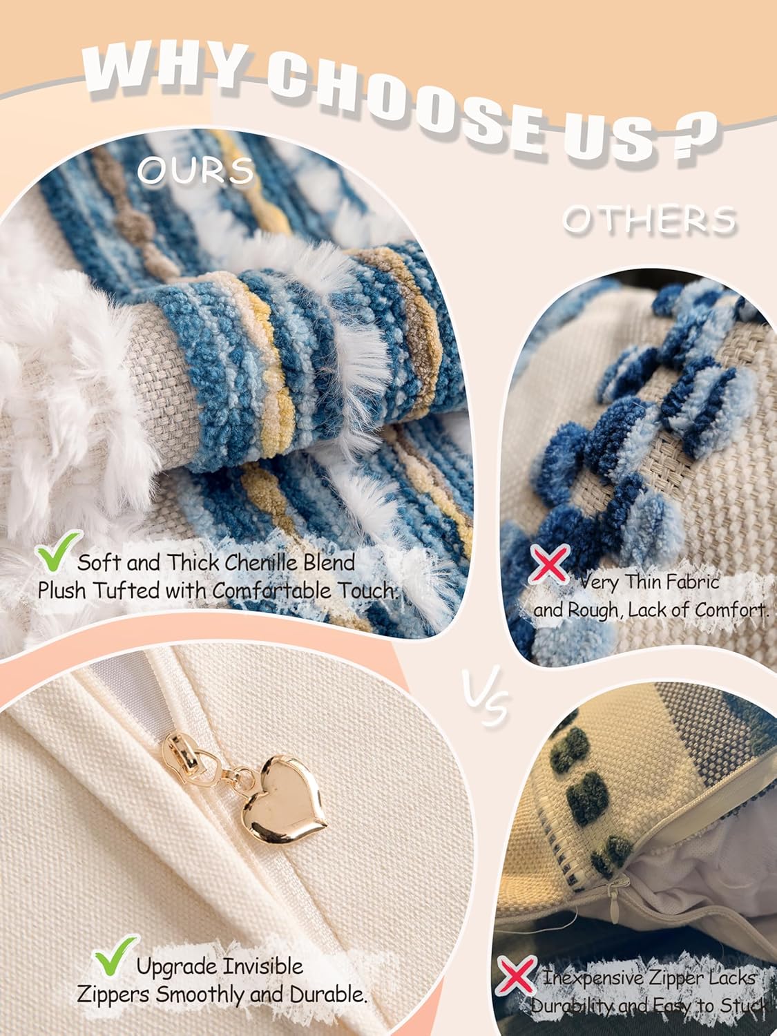 Boho Chenille Tufted Couch Throw Pillow Covers 18x18 Inch Set of 2 Farmhouse Striped Decorative Pillow Covers Accent Neutral Square Pillowcase Blue Cushion Covers for Livingroom Sofa Bed