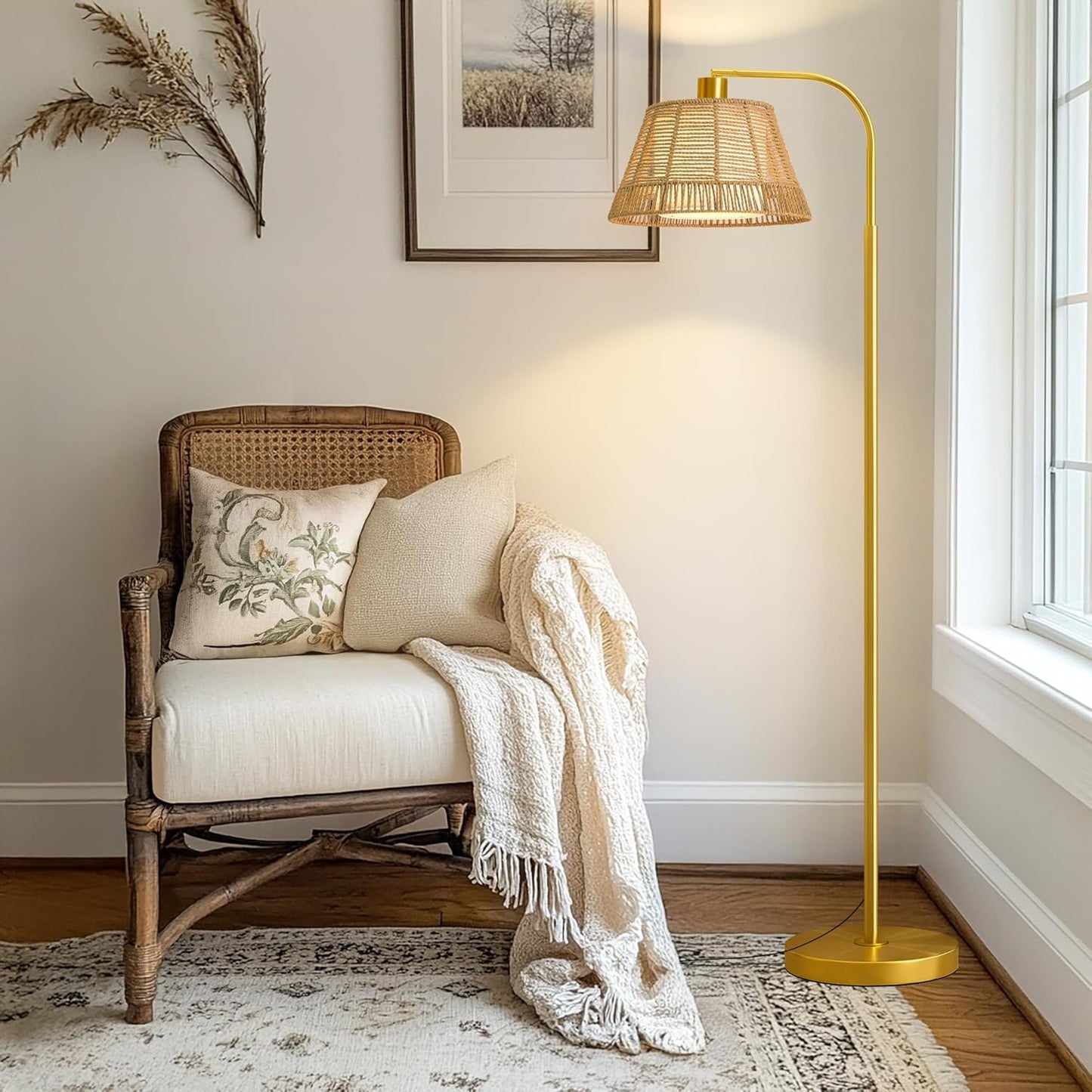 Oneach Arc Floor Lamp for Living Room,Rattan Boho Floor Lamp with Hand-Woven Wicker & Fabric Shade, Foot Switch,Gold Metal Base & Pole,Farmhouse Standing Lamp for Bedroom Corner,Office,Reading