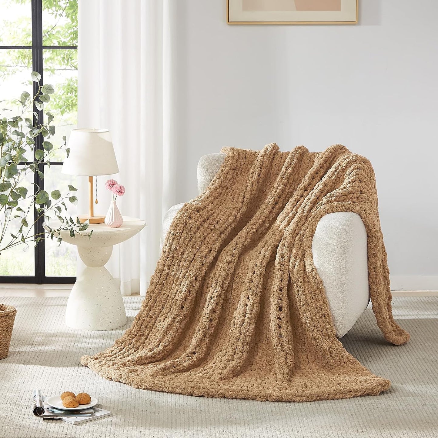 L'AGRATY Chunky Knit Blanket Throw: 72''x84'' Chenille Chunky Knitted Throw Blankets for Bed Couch - Handmade Thick Big Cable Knit Blanket - Large Crochet Rope Blankets for Home Decor(Tan)