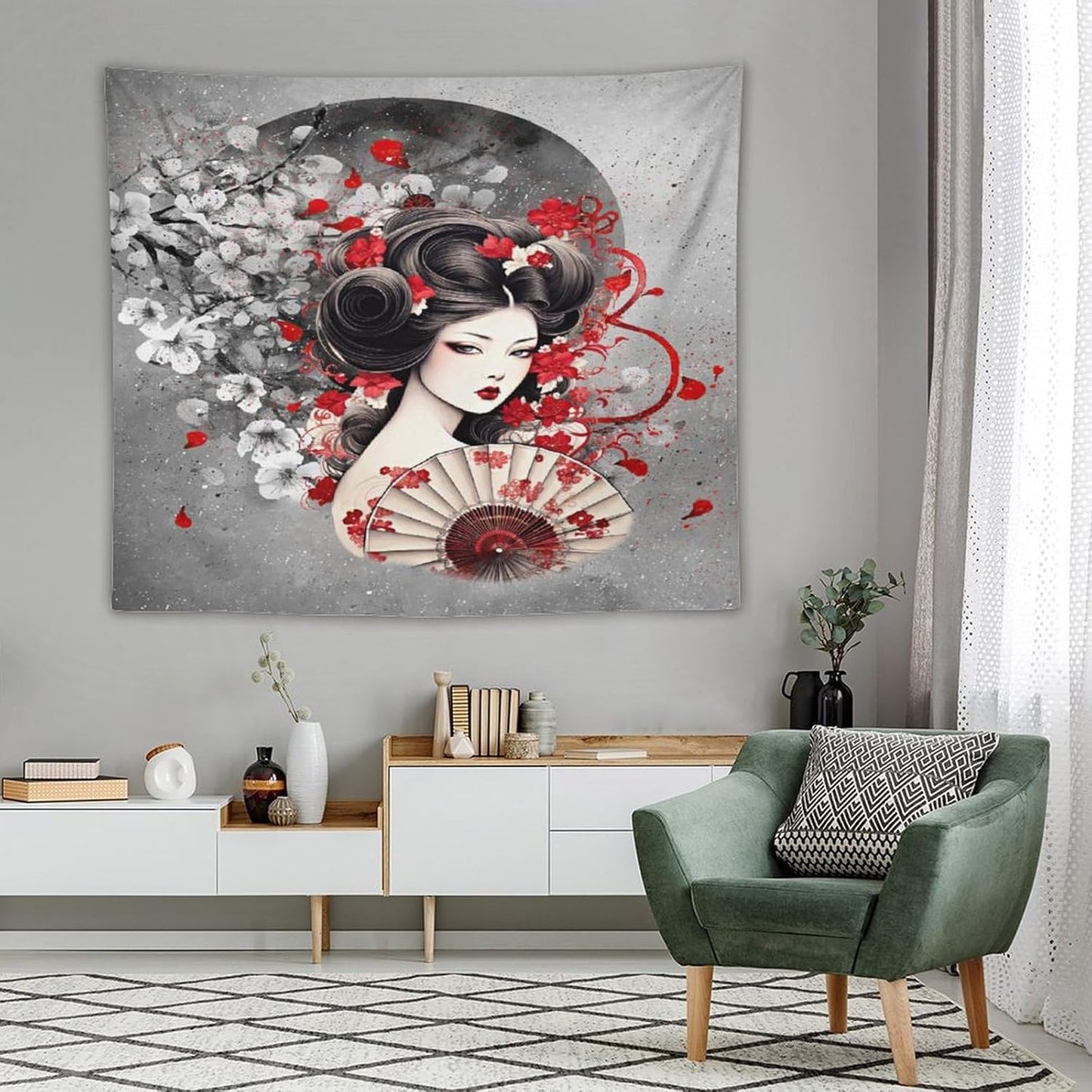 Japanese Geisha Tapestry Asian Red Cherry Blossom Red Sun Traditional Kimono Folk Tapestries Home Decor for Living Room Bedroom Apartment Farmhouse Dorm 60"x50"