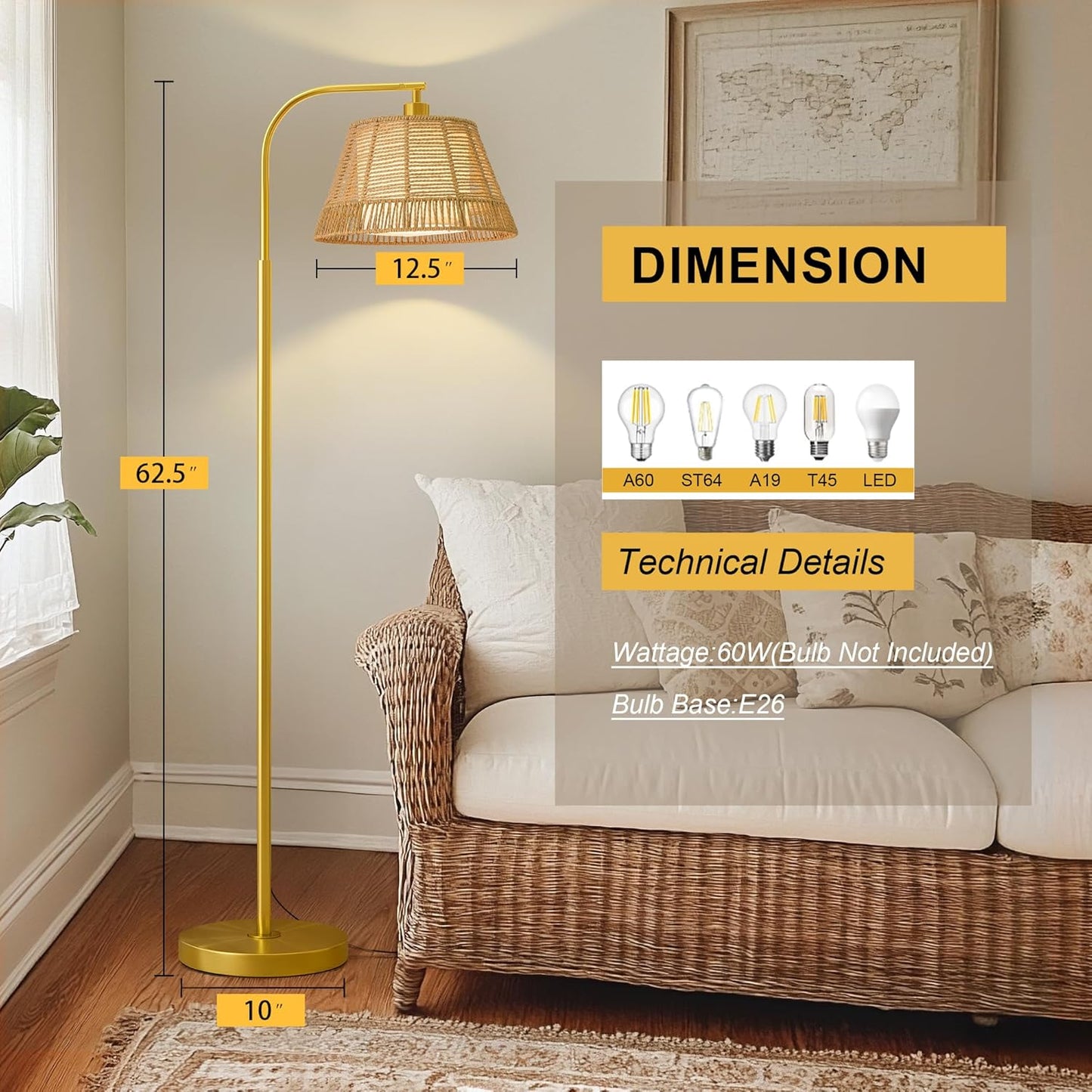 Oneach Arc Floor Lamp for Living Room,Rattan Boho Floor Lamp with Hand-Woven Wicker & Fabric Shade, Foot Switch,Gold Metal Base & Pole,Farmhouse Standing Lamp for Bedroom Corner,Office,Reading