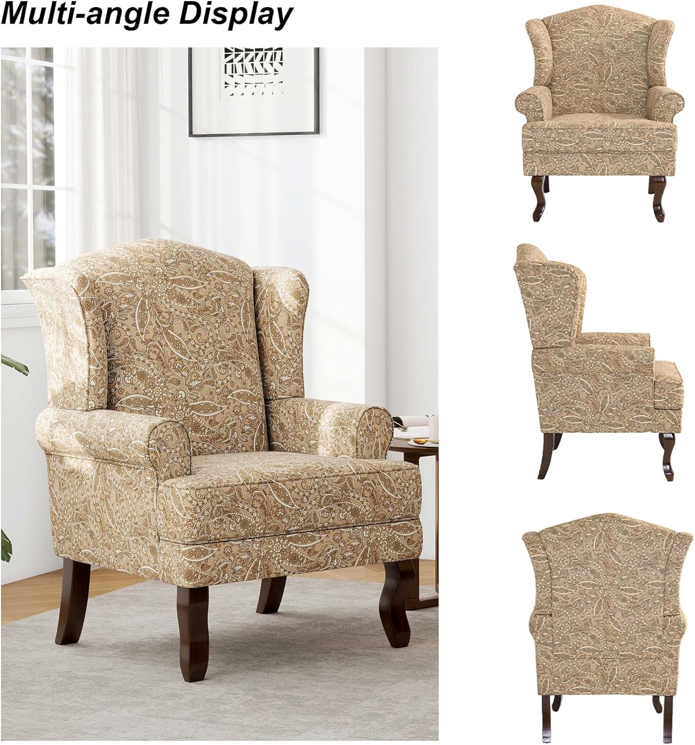 Accent Chair, High Back Upholstered Armchair with High Resilience Sponge & Wood Legs, Mid-Century Modern Comfy Single Sofa Reading Chairs for Living Room, Bedroom (Floral Light Brown, Set of 1)