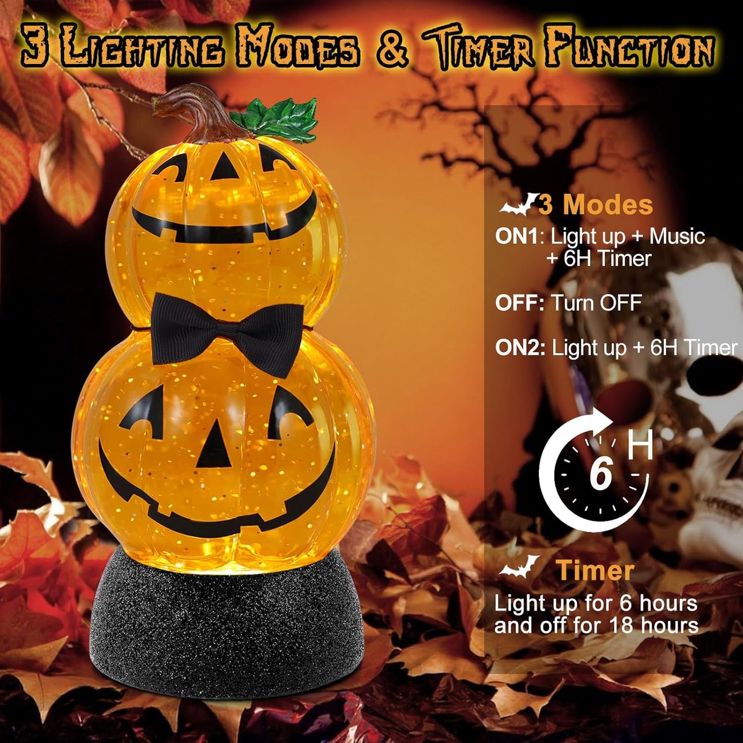 Halloween Snow Globe Lantern Lighted Pumpkin Musical Snow Globe Glitter with 6H Timer Battery and USB Operated Halloween Snow Globes Water Lantern for Spooky Festival Party Decoration (Pumpkin)