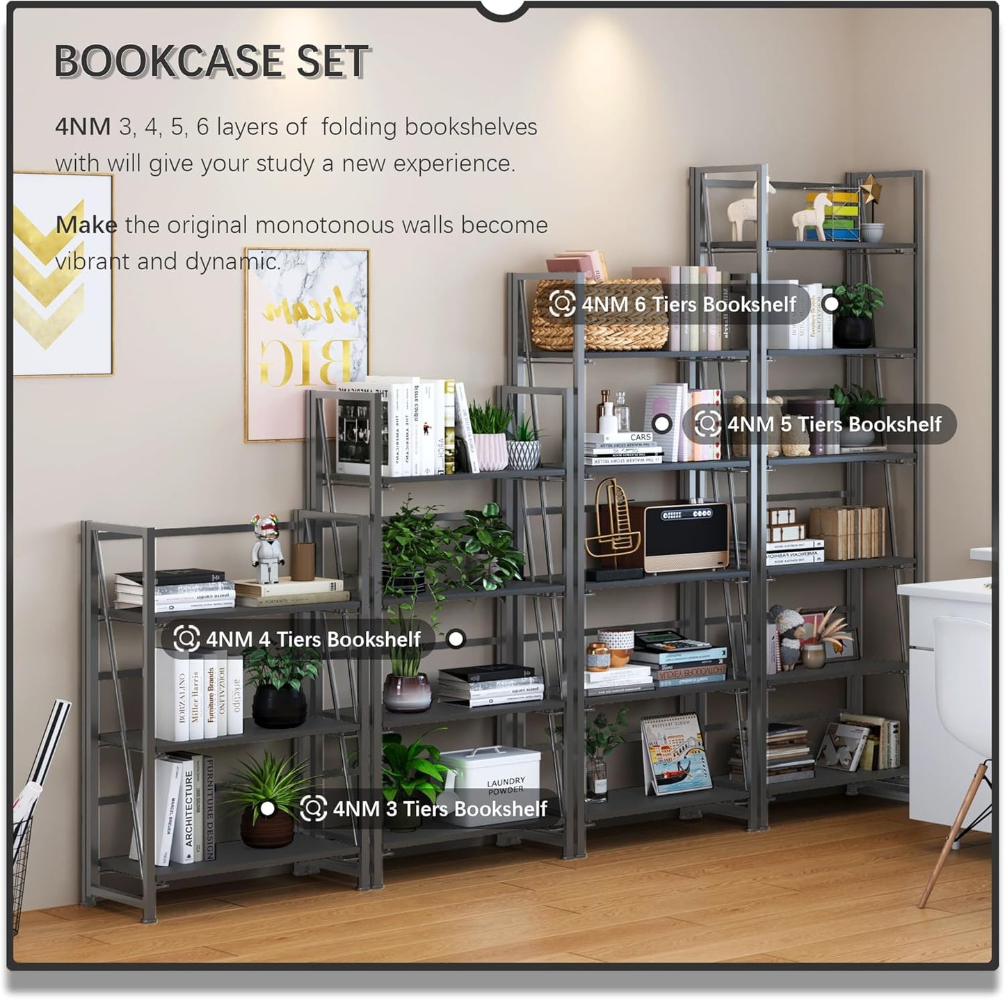 4NM No Assembly Foldable Bookshelf, 6-Shelf Collapsible Bookcase Storage for Small Spaces, 74" H, All Black