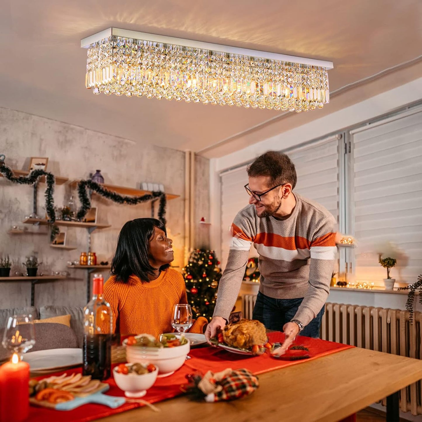 Siljoy Modern Crystal Chandelier 8-Lights Rectangular Flush Mount Pendant Ceiling Light Fixture Rectangle K9 Crystal Raindrop Chandelier for Dining Living Room Kitchen Island L40'' x W10'' x H10'