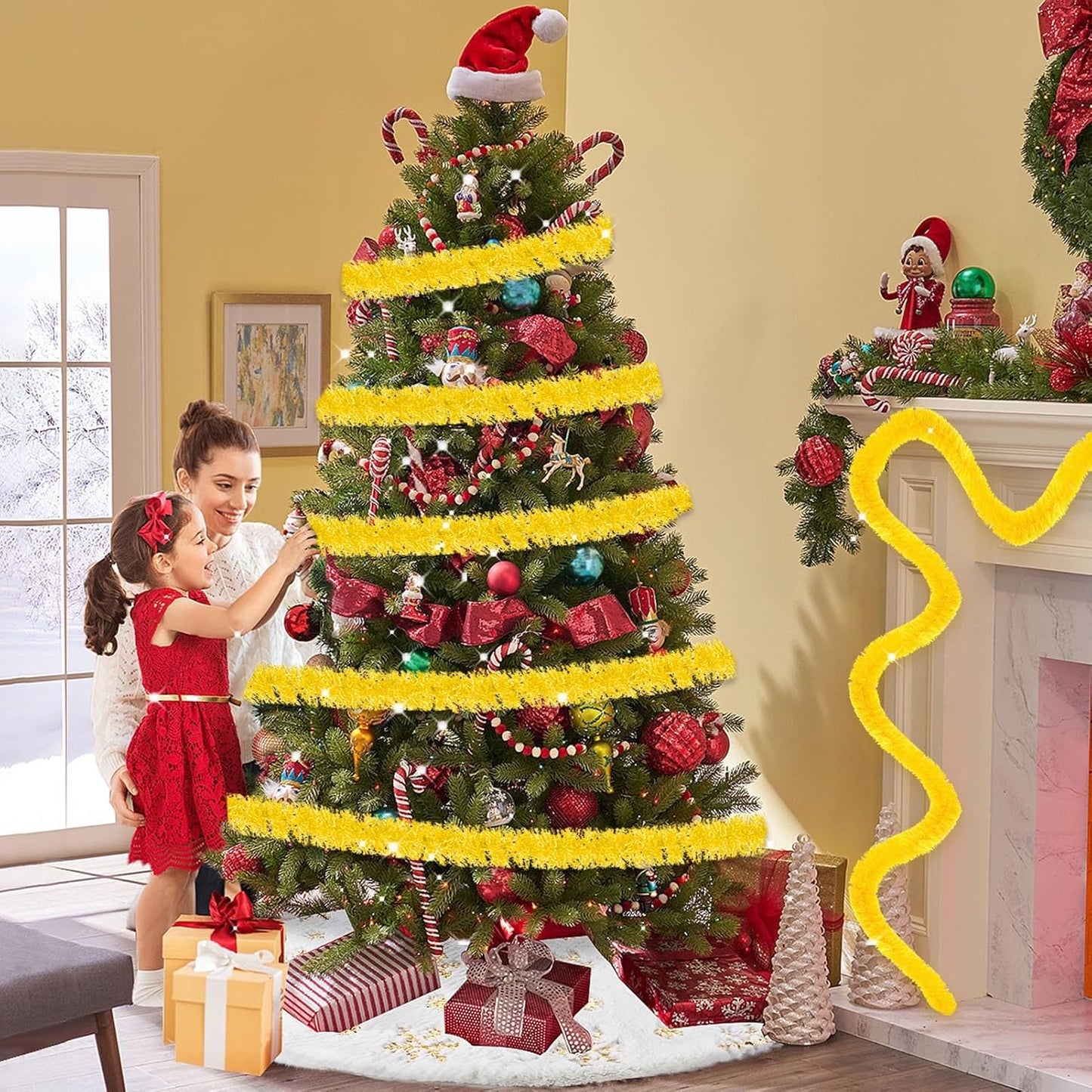 Macaron Metallic Twist Tinsel Garland - 50ft Wall Hanging Backdrop for Christmas, New Year & Valentine's Day Parties (Yellow, 2in x 50ft)