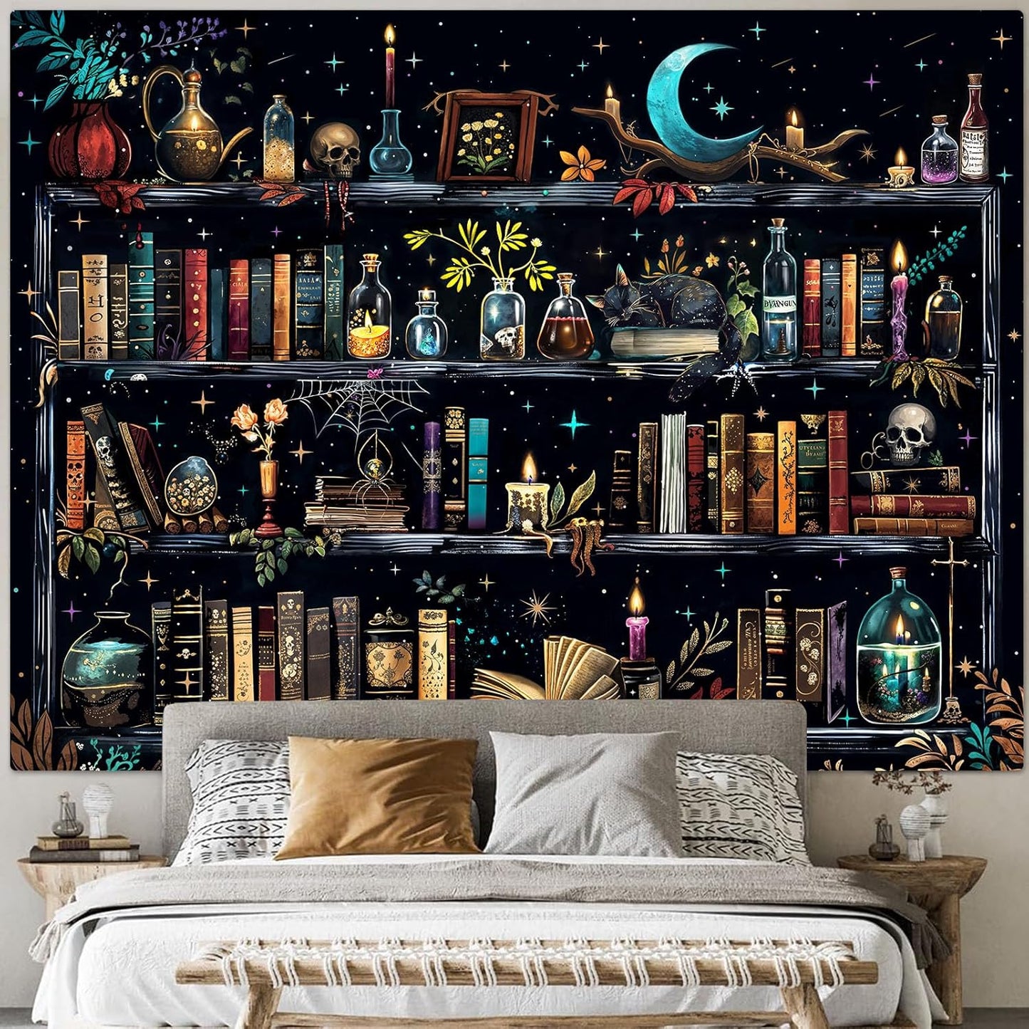 Accnicc Magic Bookshelf Tapestry Magical Witchy Potion Dark Hippie Haloween Tapestries Wall Hanging Gothic Skull Black Cat Library Book Small Tapestry for Bedroom Living Room Dorm 60 x 44 inch