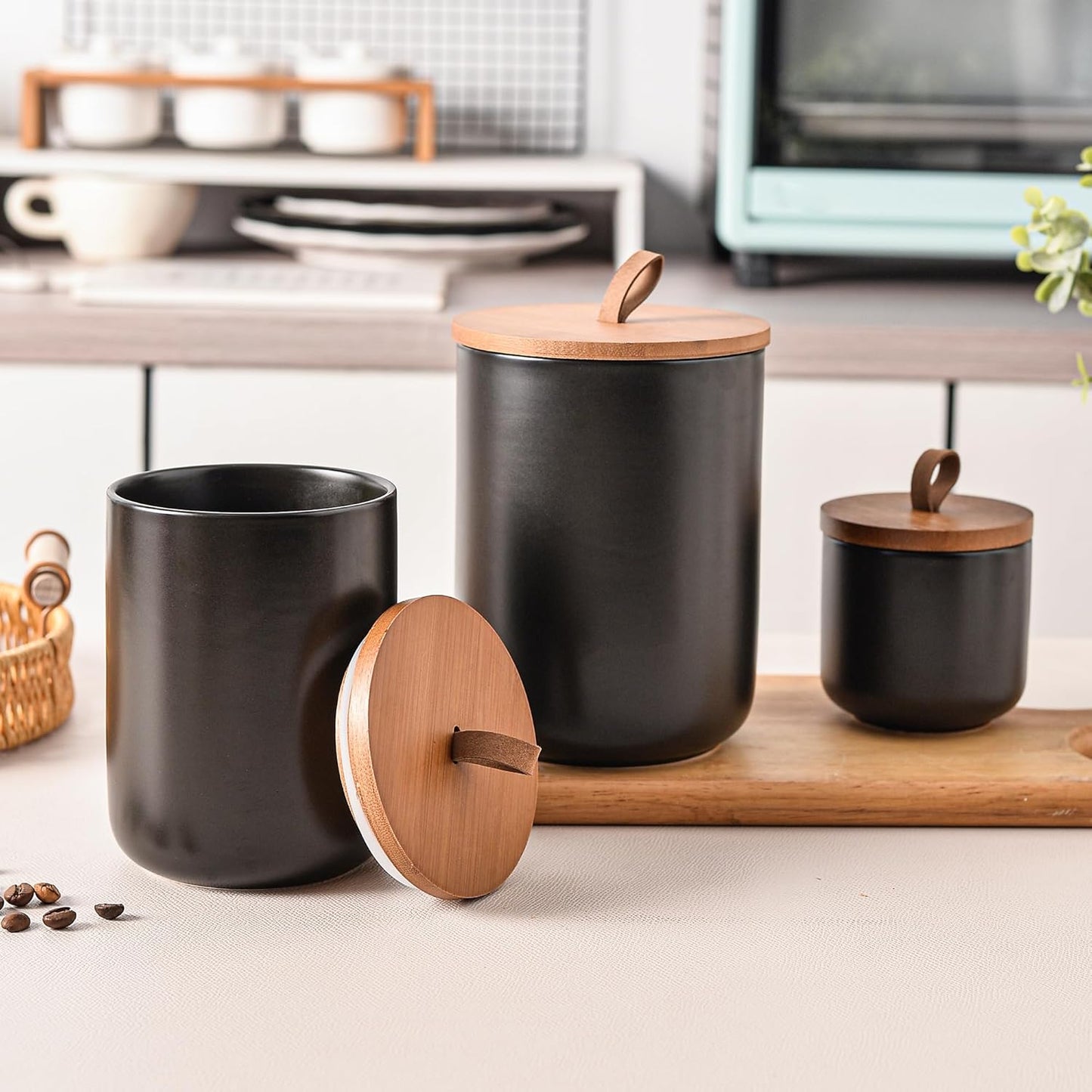 Black Ceramic Canister Set with Bamboo Lids, 3-Piece Airtight Food Storage Jars for Kitchen - Flour, Sugar, Coffee, Tea, Spice - Small, Medium, Large Sizes