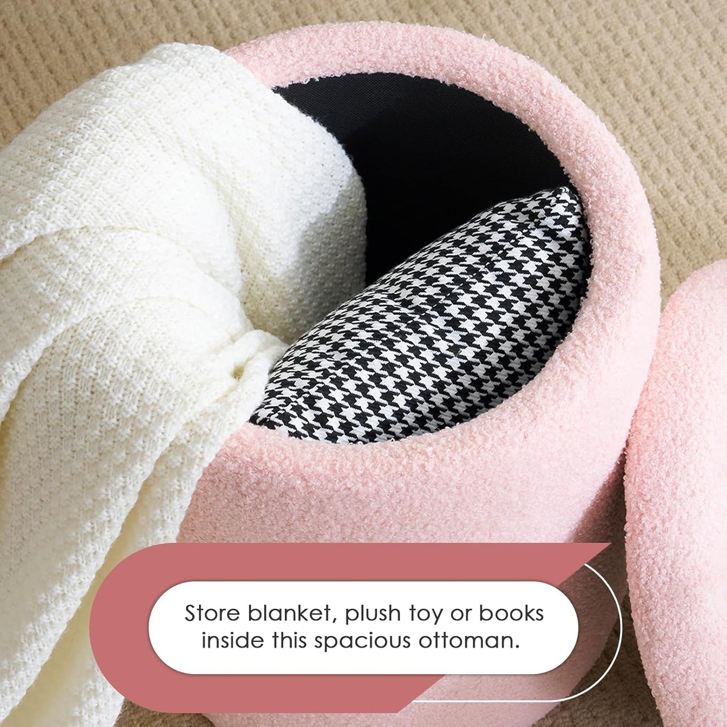 YFO Round Ottoman with Removable Lid Upholstered, Multifunctional Vanity Chairs for Makeup, Soft Footrest Stool Ottoman Foot Stool for Living Room, Bedroom, Boucle, Pink