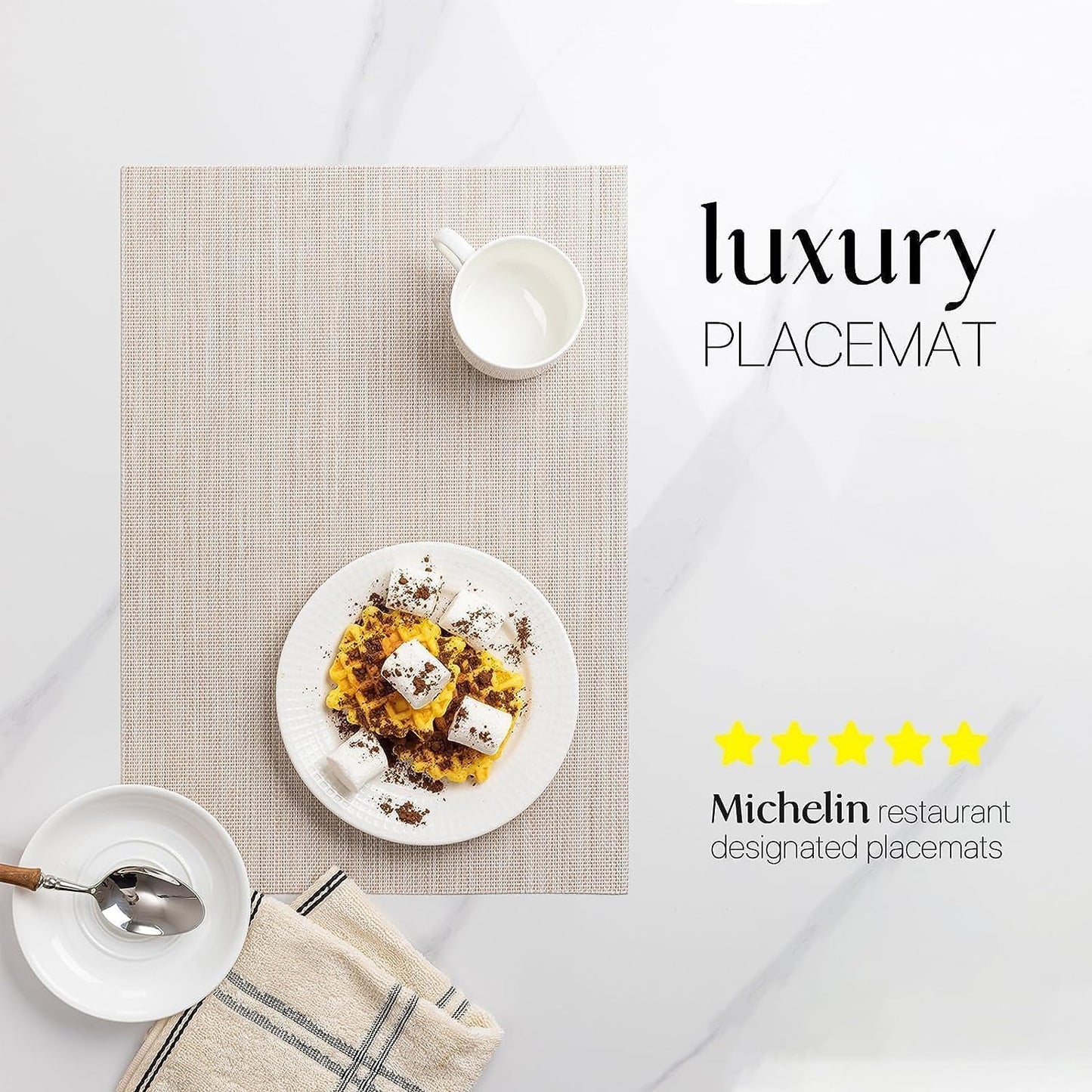 LEXMORE Placemats Set of 4 Vinyl/Plastic Woven Place Mats for Kitchen Table Indoor/Outdoor Washable Placemat Wipeable Dining Table Mats(A-Beige White)