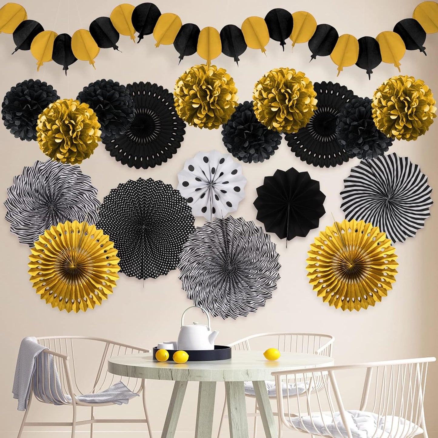 Black and Gold Decorations, Paper Pompoms Fan for Graduation Birthday Wedding Prom Night New Years Black and Gold Party Decorations