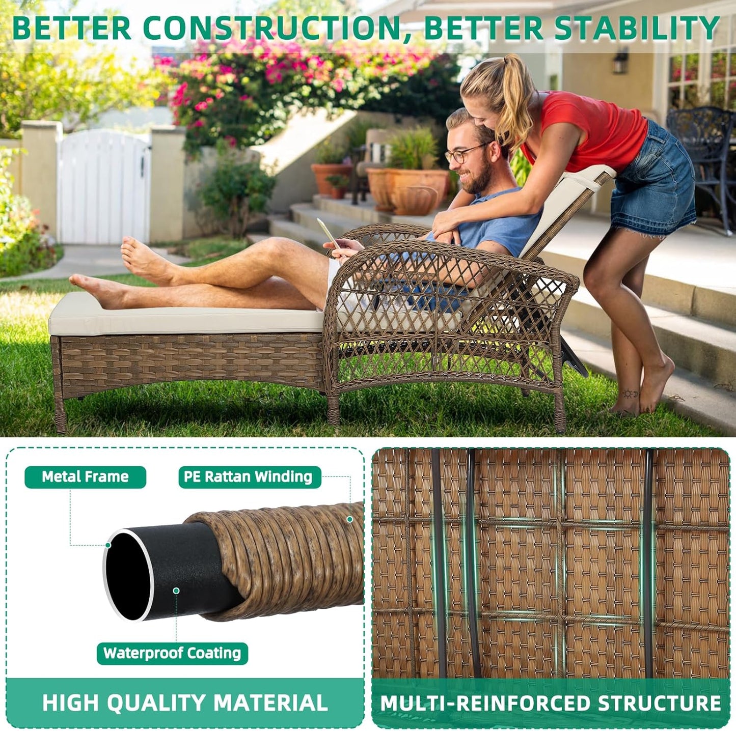 VIVIJASON Outdoor Wicker Chaise Lounge Chair, All-Weather PE Rattan Cushioned Patio Lounger Chair, 6-Position Adjustable Pool Sunbathing Recliner with Armrest & Pillow for Poolside Deck Yard, Beige