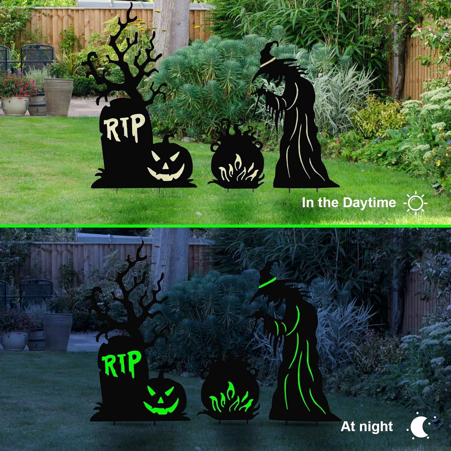 Halloween Yard Signs Outdoor Decorations，3 Pack Scary Large Witch Tombstone Cauldron Fluorescent Metal Stakes Glow in The Dark for Lawn Garden Halloween Decor (Large Witch Tombstone Cauldron)