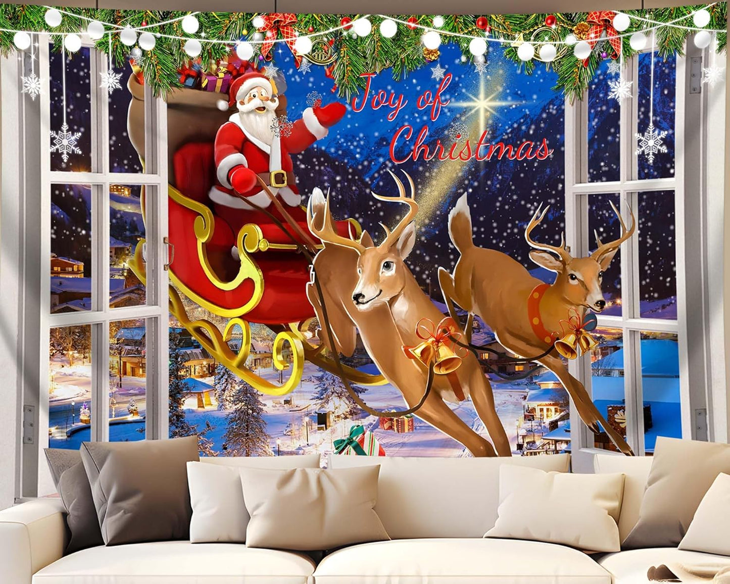 QGHOT Christmas Window Tapestry Wall Hanging Christmas Backdrop Xmas Winter Window Wall Decor Santa Claus Tapestries for Bedroom Living Room Dorm Holiday Party Decoration, Large