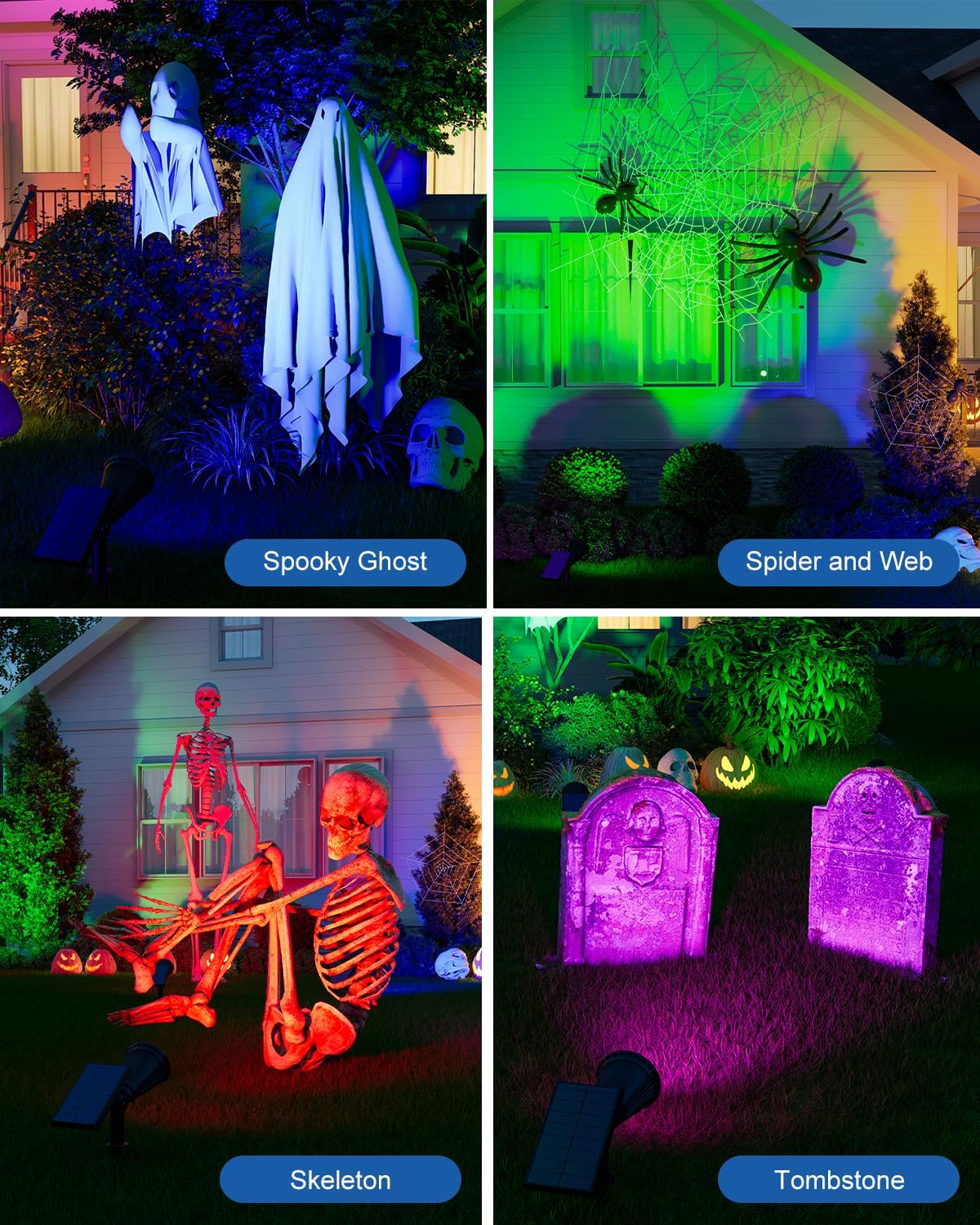 4 Pack Color Change Halloween Solar Spot Lights Outdoor Multicolor Waterproof Landscape Flood Lamp for Holiday Decorative, Skeletons, Spider Web, Bat, Statue, Ambient Lighting for Yard, Garden, Patio