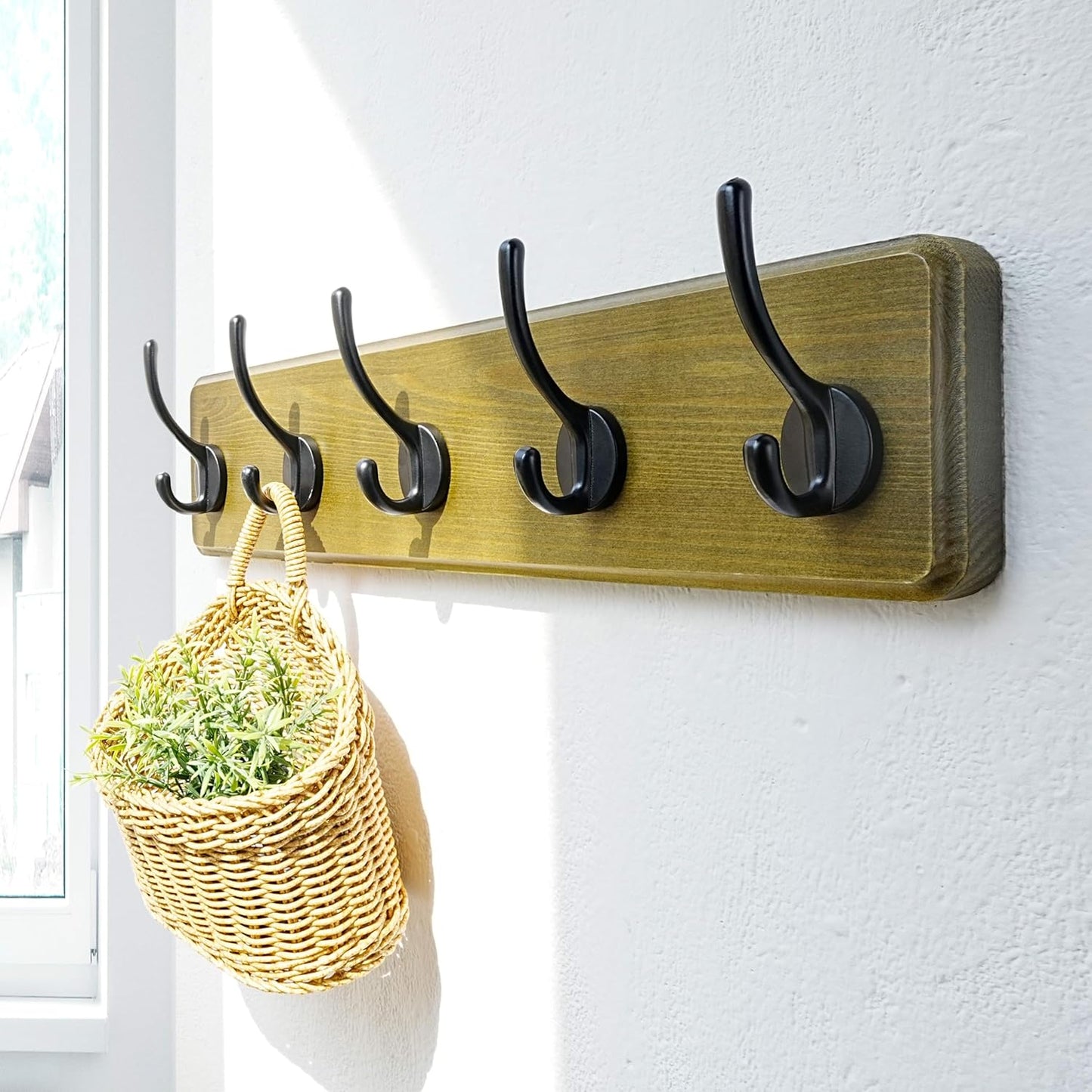 Dseap Coat Rack Wall: Patented, Heavy-Duty, 5-Double-Hooks Wooden Wall Mounted Coat Rack Coat Hanger Hook Rail for Winter Coats Hat Jacket Clothing, Weathered Green, Pack of 2