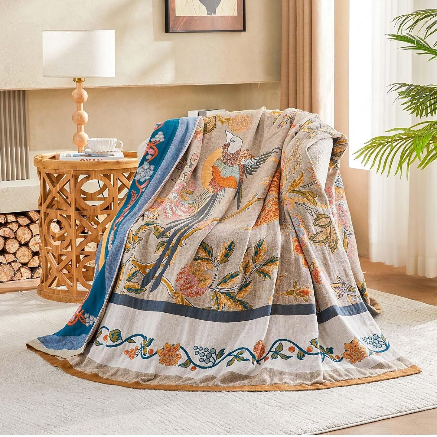 Boho Blanket, 100% Cotton Farmhouse Decorative Throw Blanket, 80"x90" Reversible Bohemian Throw Blanket, Brown All Season Muslin Breathable Woven Blankets Quilt