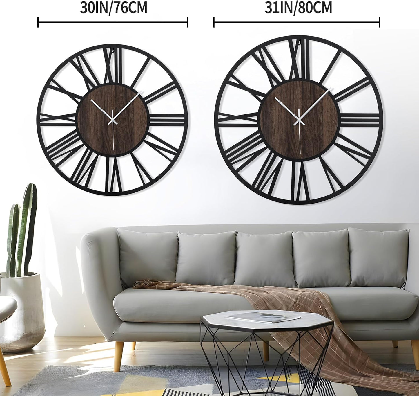 LEIKE 32" Oversized Large Wall Clocks,Silent,Non Ticking,Battery Operated Modern Round Big Wood Decorative Metal Wall Clock for Living Room, Bedroom,Kitchen,Farmhouse,Office Decor - Black,32 Inch
