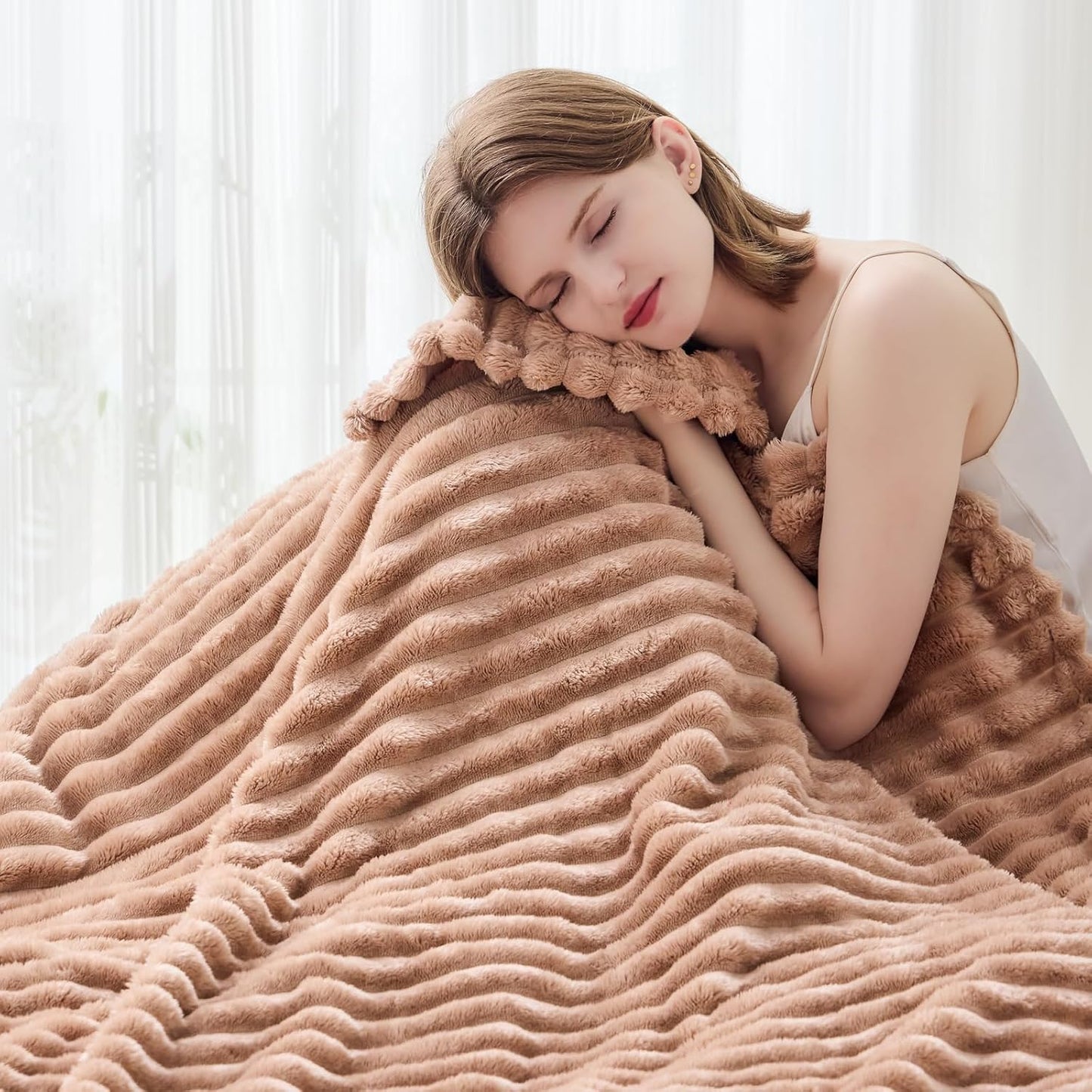 NEWCOSPLAY Super Soft Twin Blanket Taupe Premium Silky Flannel Fleece 3D Ribbed Jacquard Lightweight Bed Blanket All Season Use (Taupe Ribbed, Twin(60"x80"))