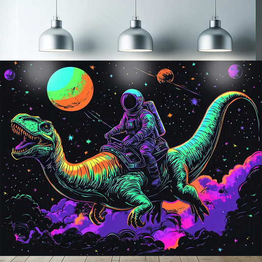 Starlit Patio Blacklight Funny Space Astronaut Dinosaur Tapestry Glow in The Dark UV Reactive Wall Hanging Tapestry Trippy Space Art Poster for Men Guys Room Bedroom Decor 78 x 59 Inches