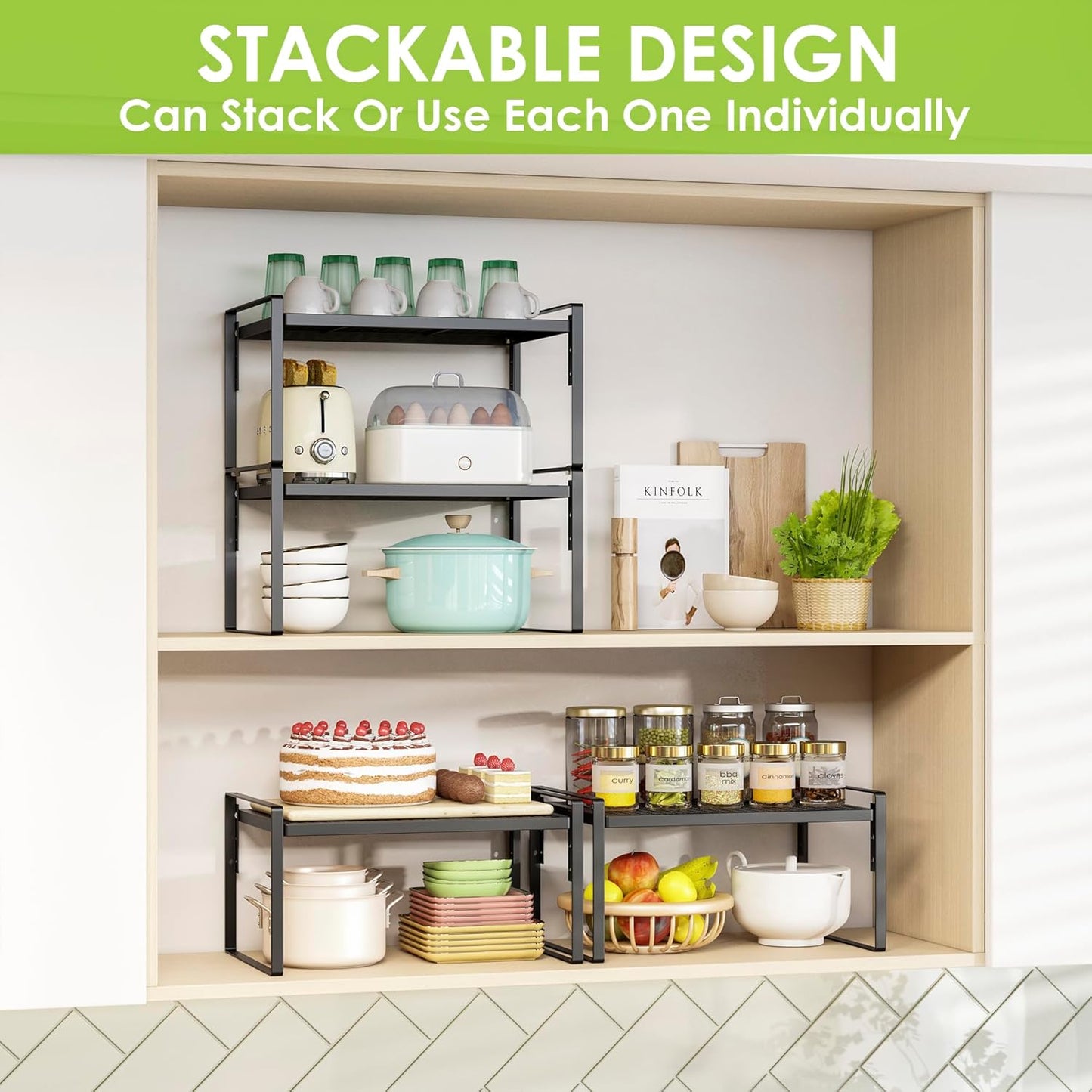 2 Pack Kitchen Countertop Organizer, Stackable Cabinet Shelf Organizer, 2 Tier Adjustable Kitchen Counter Shelves Riser For Pantry Cupboard Bathroom Organization And Storage, Desk Shelf,Spice Rack