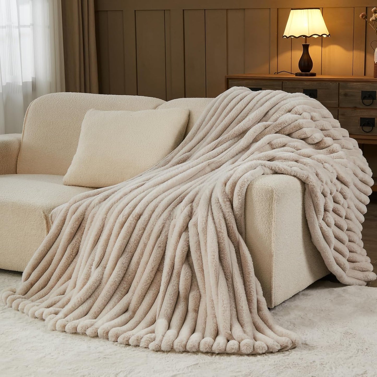 NEWCOSPLAY Faux Fur Twin Blanket Linen 3D Ribbed Plush Thick Warm Blanket for Couch Sofa Bed 850GSM (Linen Ribbed, Twin(60"x80"))