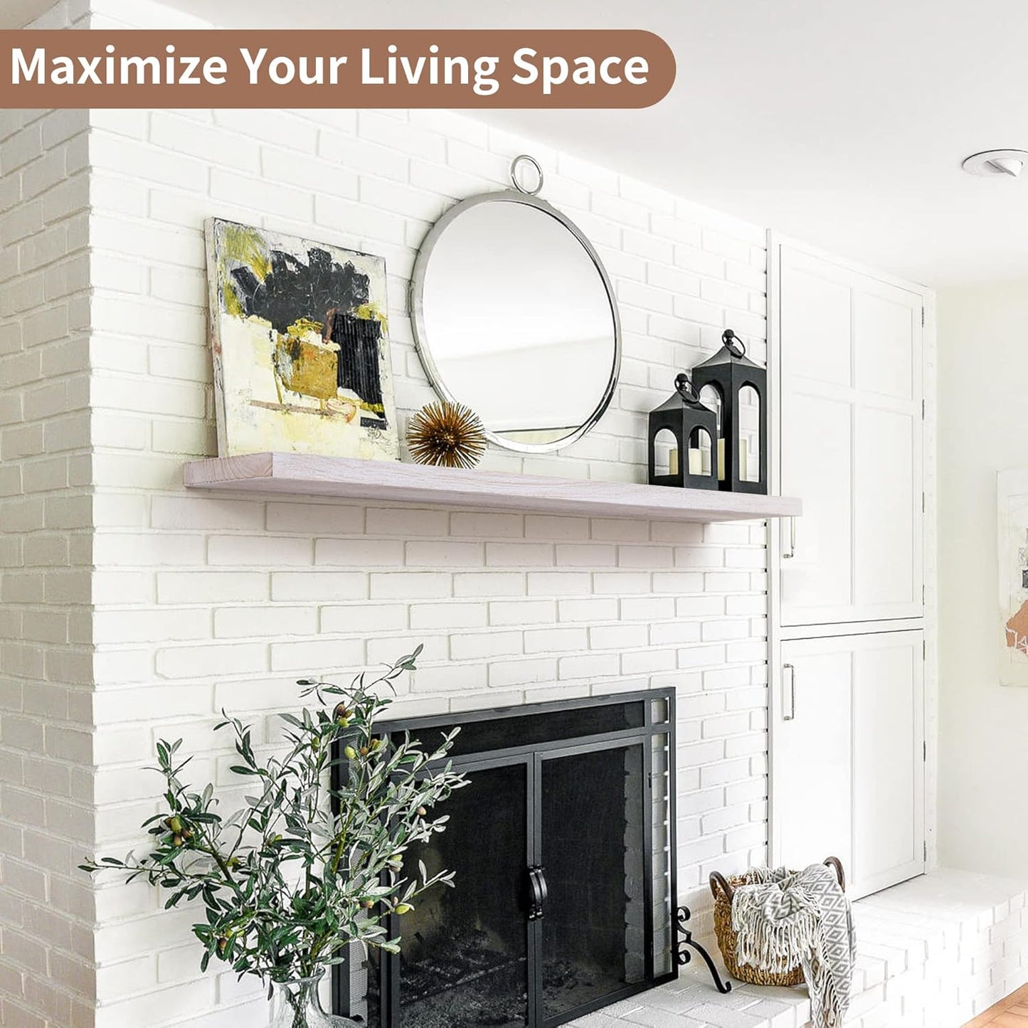 Axeman Floating Shelves for Wall, Rustic Elm Wood 48''W x 8" D Wall Shelf with Invisible Bracket, Large Long Wall Mounted Storage Shelves for Living Room, Bedroom, Kitchen, Bathroom Decor, White Wash