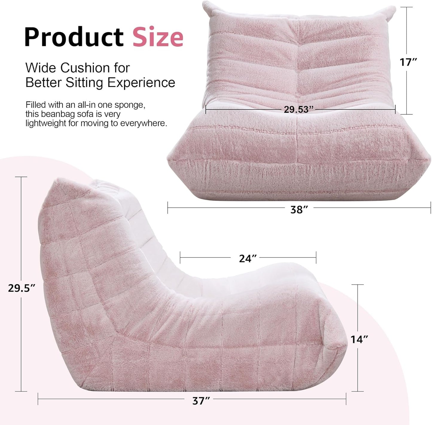 Bean Bag Chairs for Adults Giant Bean Bag Chair Memory Foam BeanBag Chair Big Bean Bag Sofa with Filler Faux Fur Fireside Beanbags Lazy Sofa for Living Room Bedroom Dorm Office (Pink Plush)