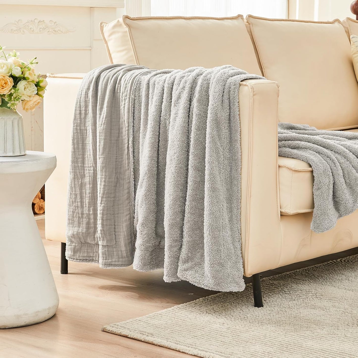 EMME Muslin and Fleece Queen Blanket Reversible - 80"*90" Grey Soft Warm Throw Blankets for Couch Bed Picnic Travel Bed