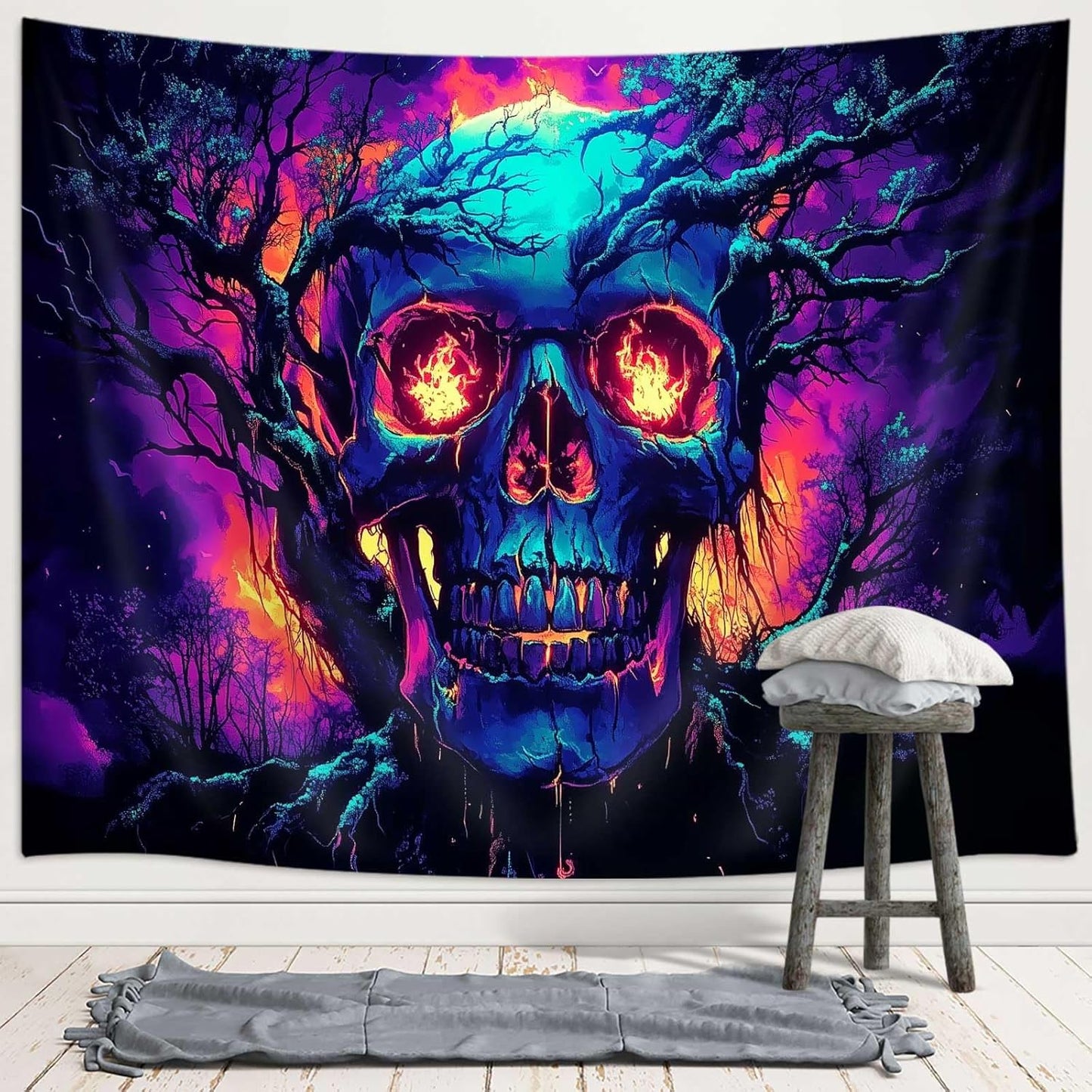 Xiaoput Blacklight Fire Skull Tapestry for Bedroom, Trippy UV Reactive Burning Skeleton Forest Wall Hanging Tapestries, Scary Dark Horror Glow in the Dark Tapestries for Living Room Home Dorm 60X51IN
